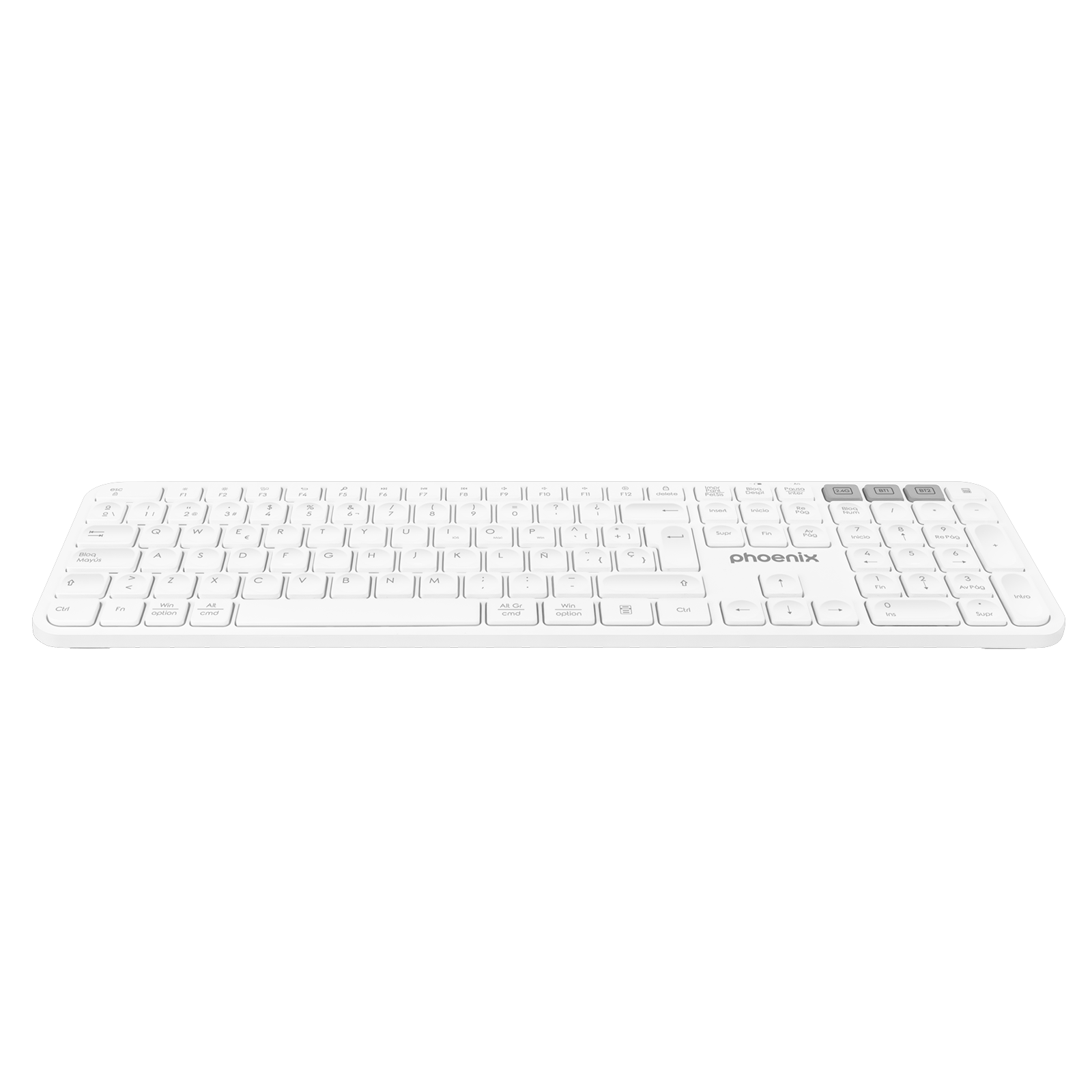 Un teclado blanco marca Phoenix con distribución QWERTZ y teclas de control multimedia.