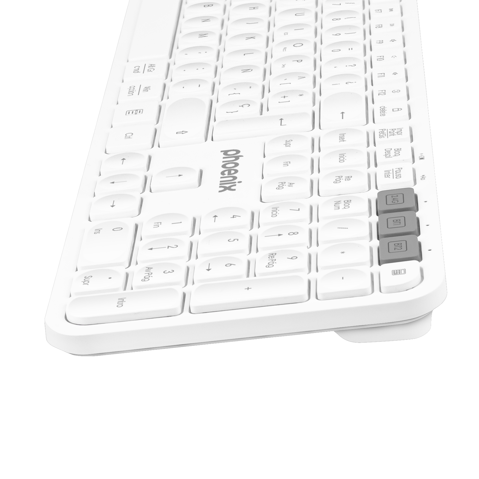 Un teclado blanco con el logo de Phoenix y teclas grises 2.4G, BT1, BT2.