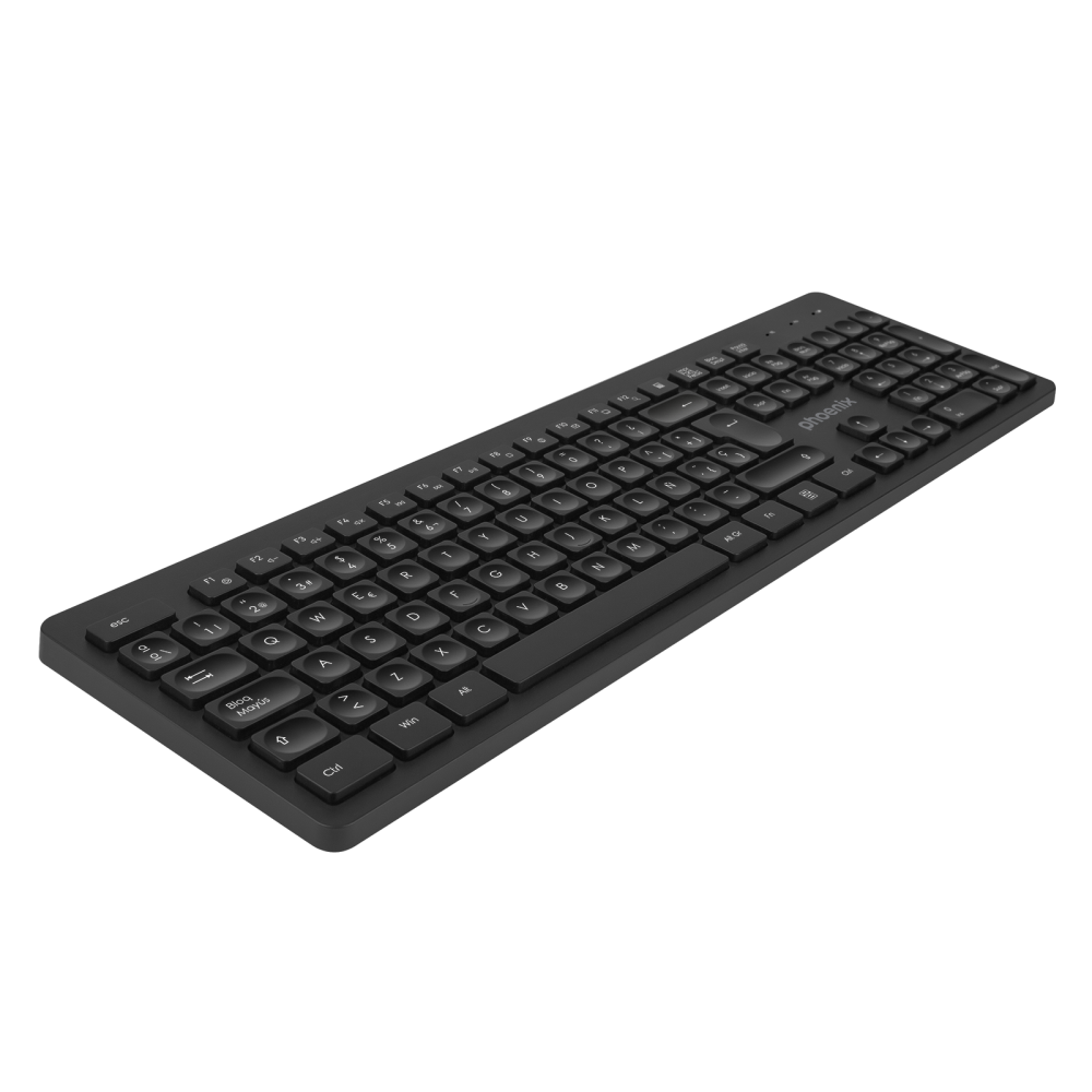 Un teclado inalámbrico negro con logo 'phoenix' se muestra en ángulo lateral elevado.