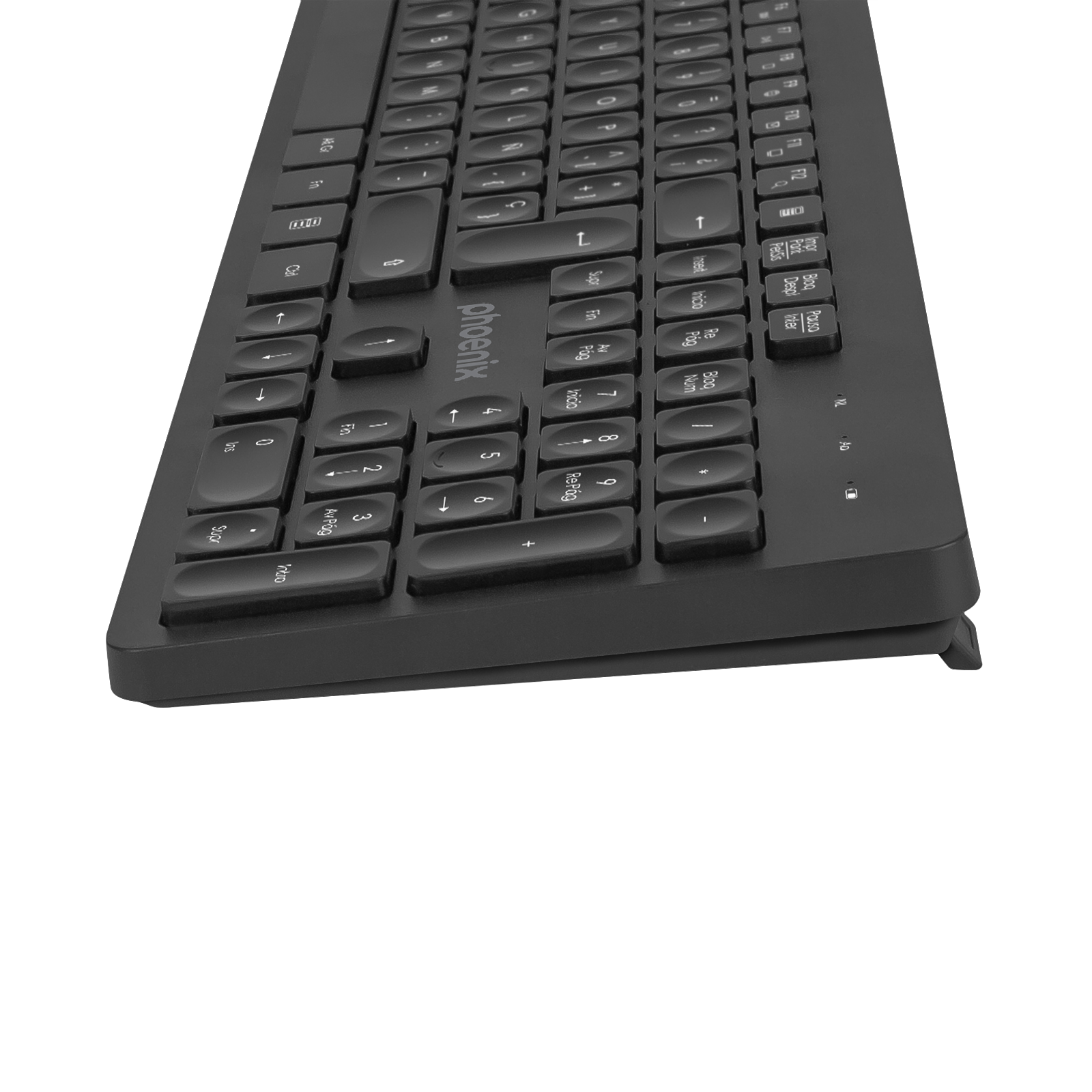 Se muestra un teclado negro con el logo de Phoenix sobre un fondo oscuro.