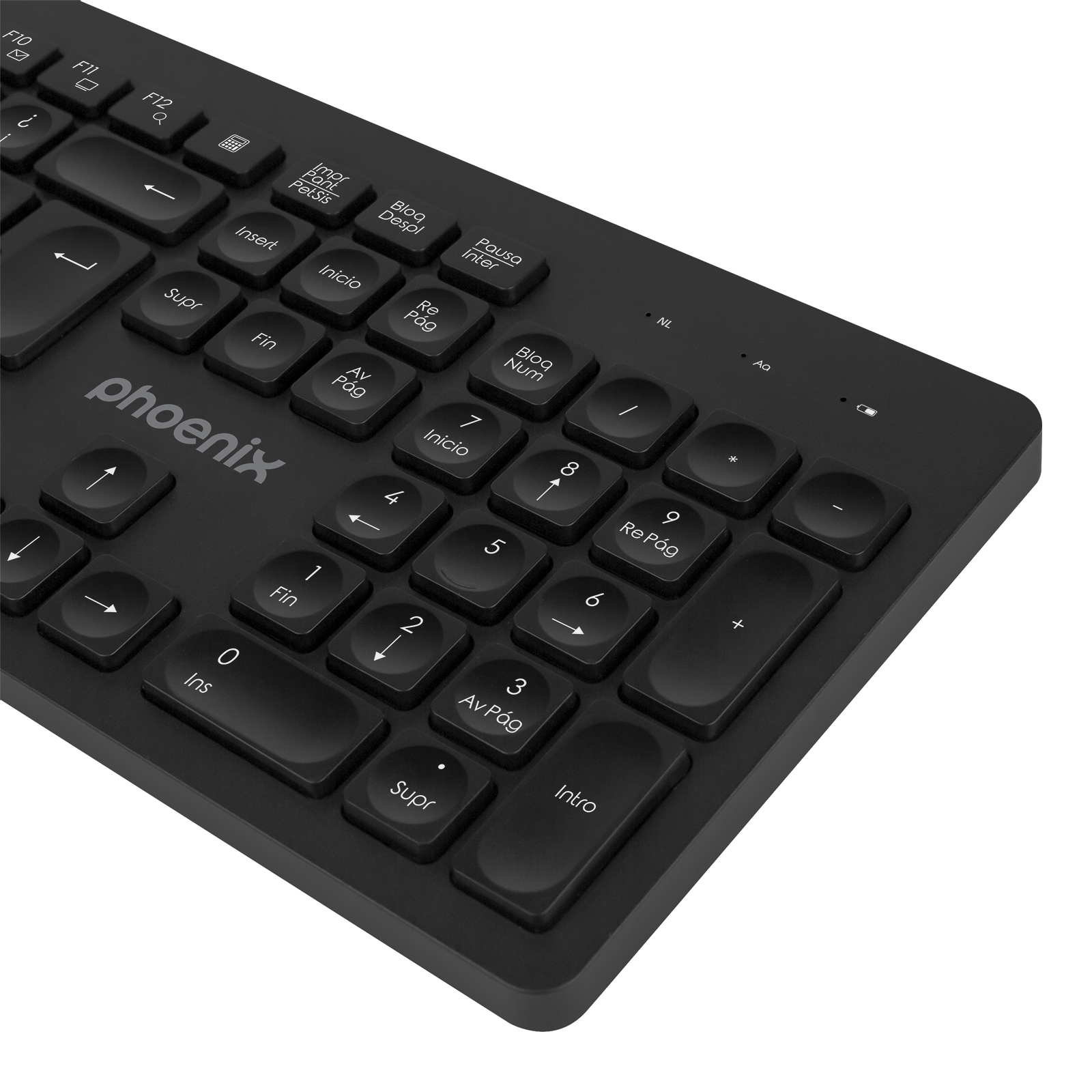 Primer plano de un teclado negro con el logo de Phoenix. Varias teclas están etiquetadas.