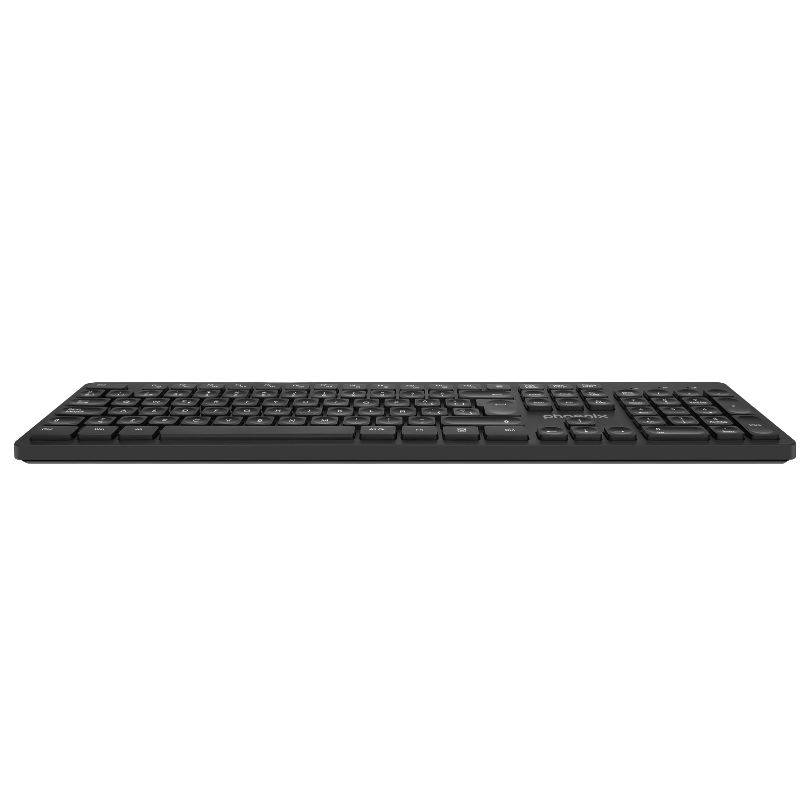 Un teclado negro con teclado numérico, visto de lado.