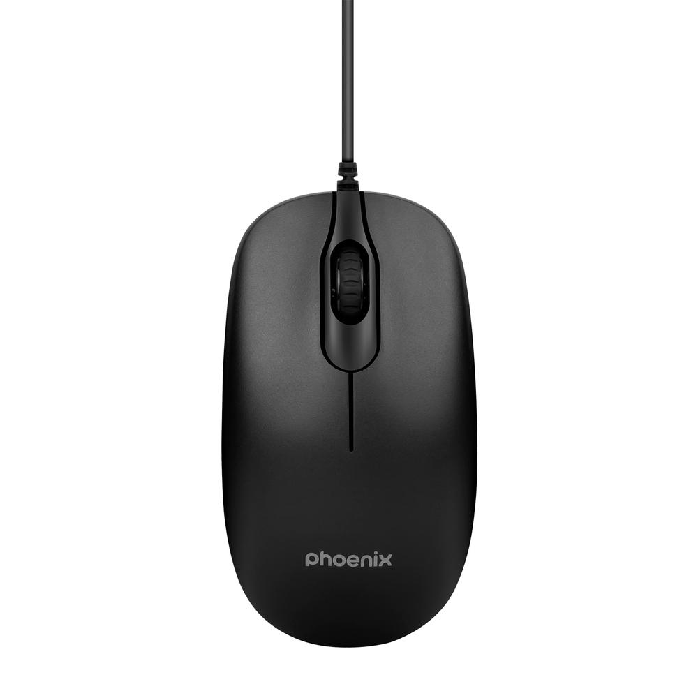 Ratón de ordenador negro con rueda de desplazamiento y cable, logo Phoenix.