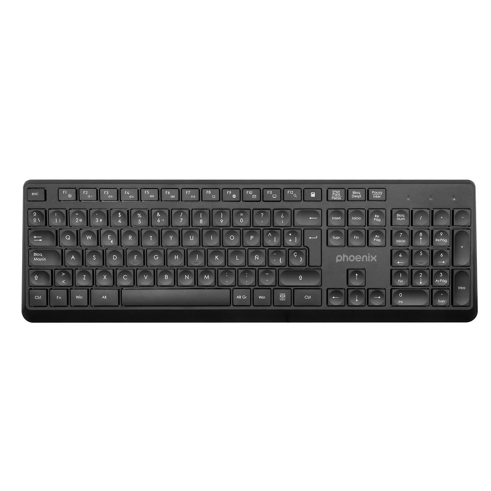 Un teclado negro Phoenix con distribución QWERTZ, teclado numérico y teclas de función.