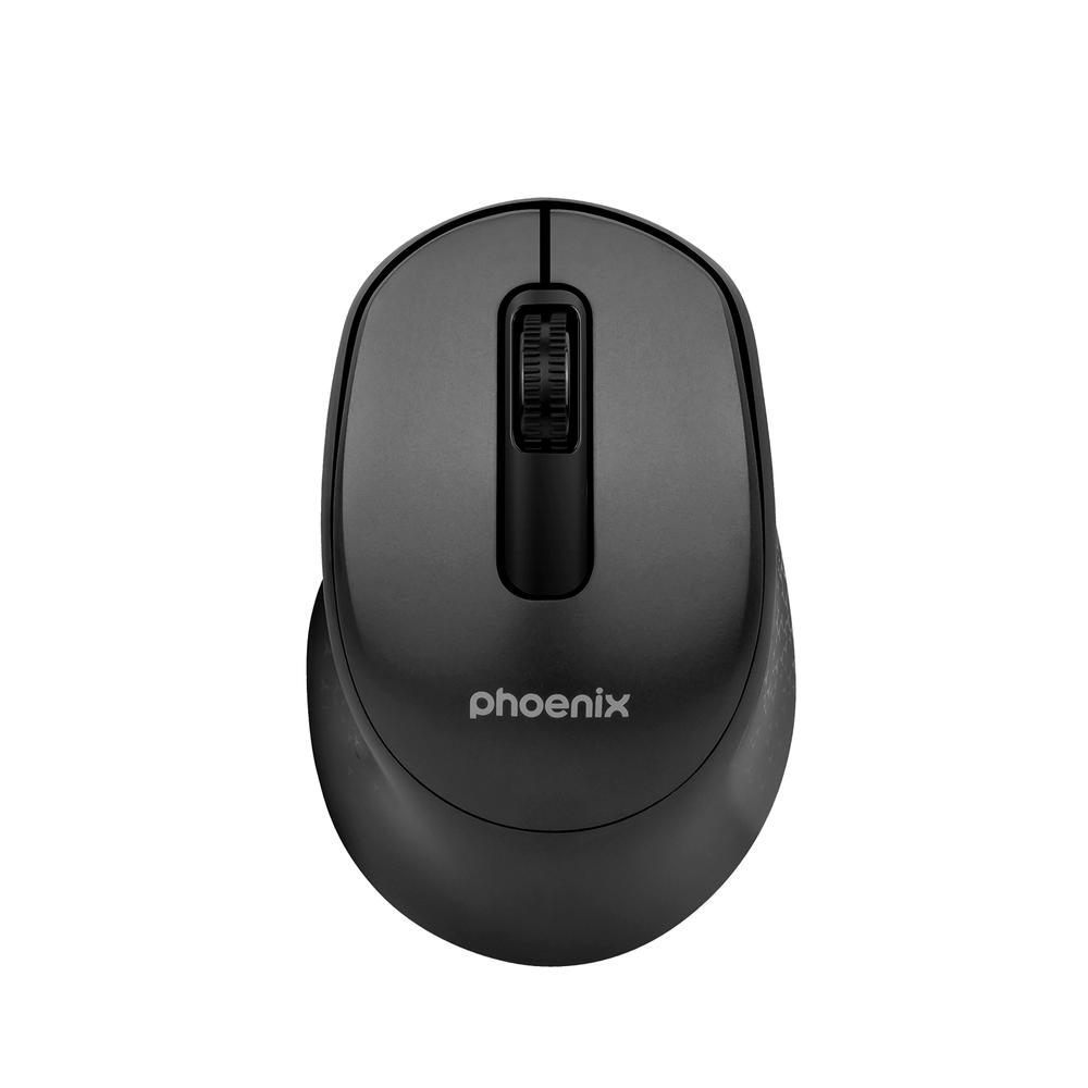 Un ratón de ordenador Phoenix negro con rueda de desplazamiento se muestra sobre fondo blanco.