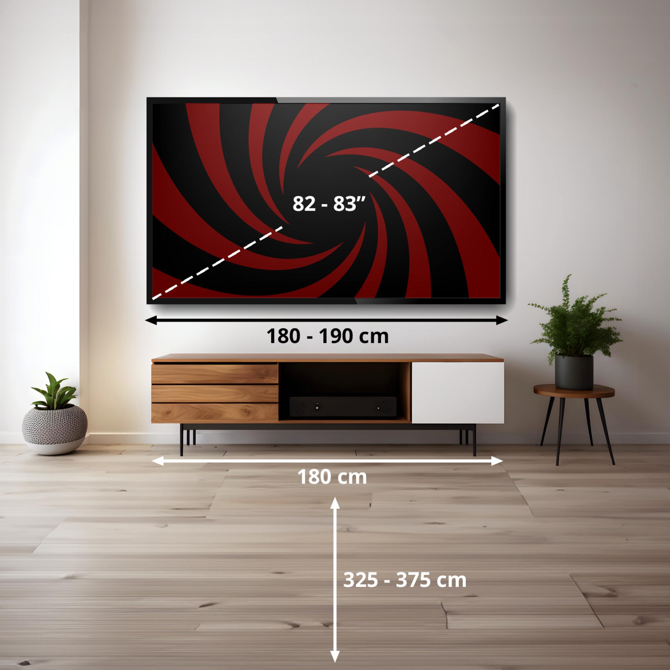 Ein moderner Fernseher mit rot-schwarzem Muster, Maße 82-83 Zoll, über einem Holzunterschrank.