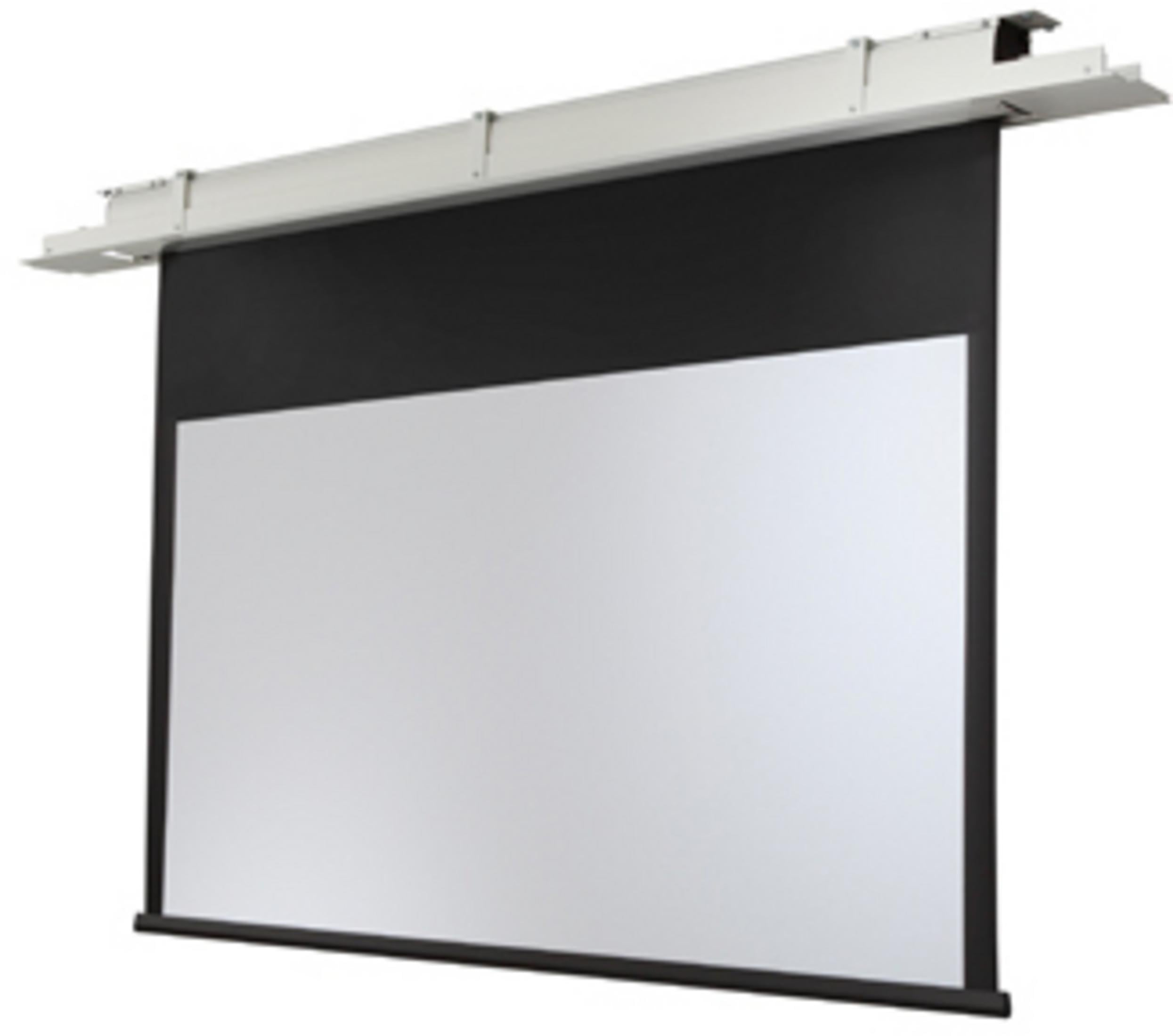 Eine weiße Leinwand mit schwarzem Rand hängt von einer weißen Deckenhalterung.