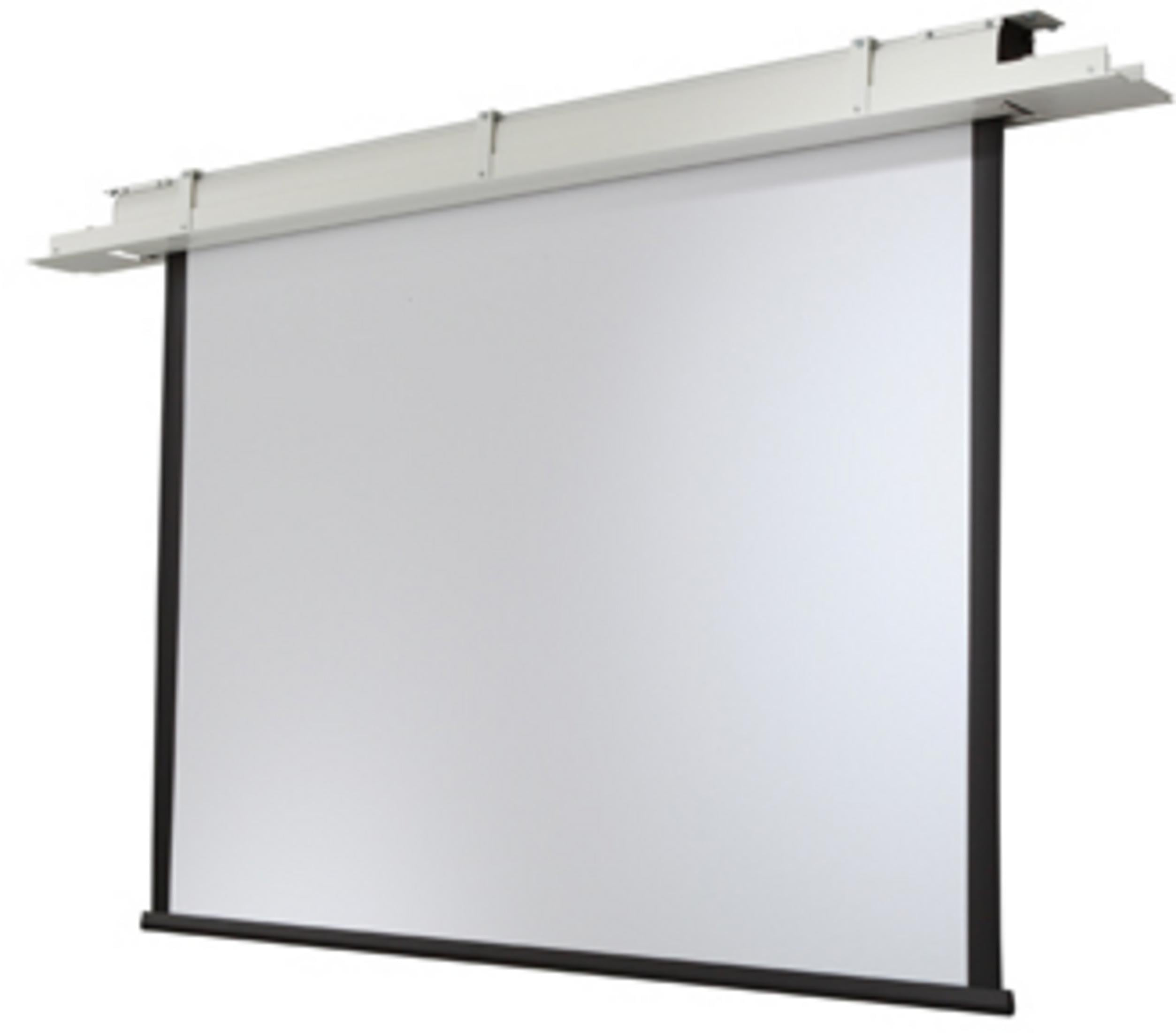 Eine weiße Leinwand mit schwarzem Rahmen, montiert an einer weißen Deckenhalterung.