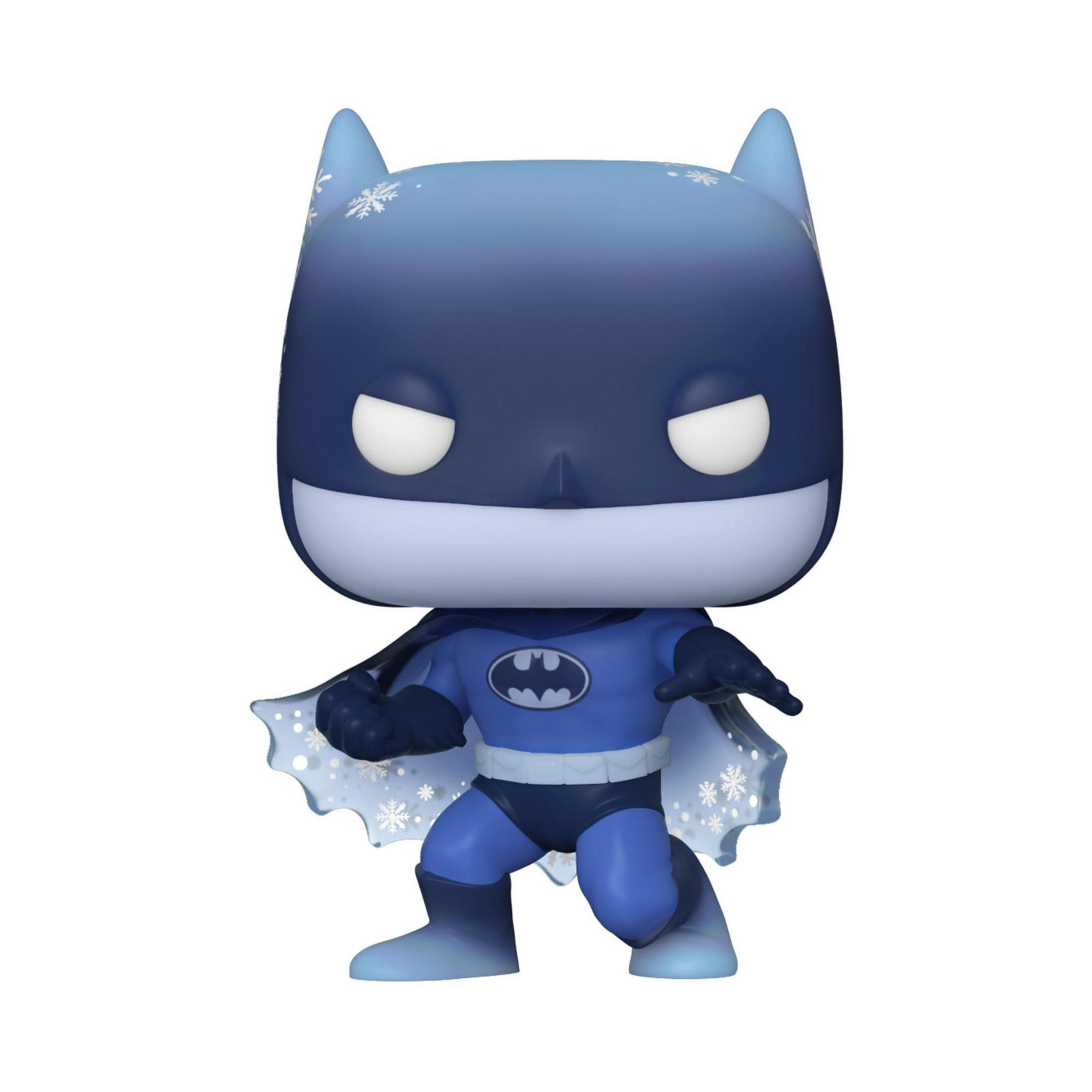 Eine blaue Batman-Figur mit Schneeflocken auf dem Umhang und der Kapuze.