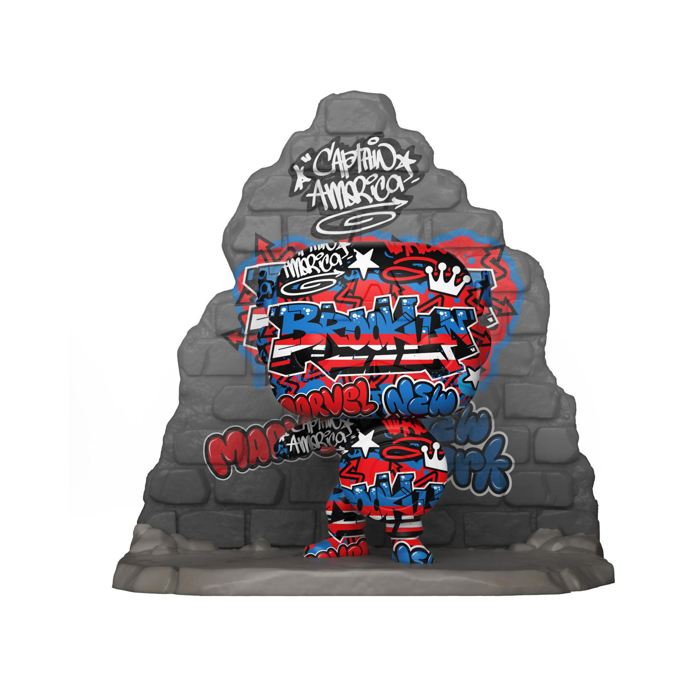 Captain America Figur mit Graffiti-Design auf Backsteinwand-Kulisse.