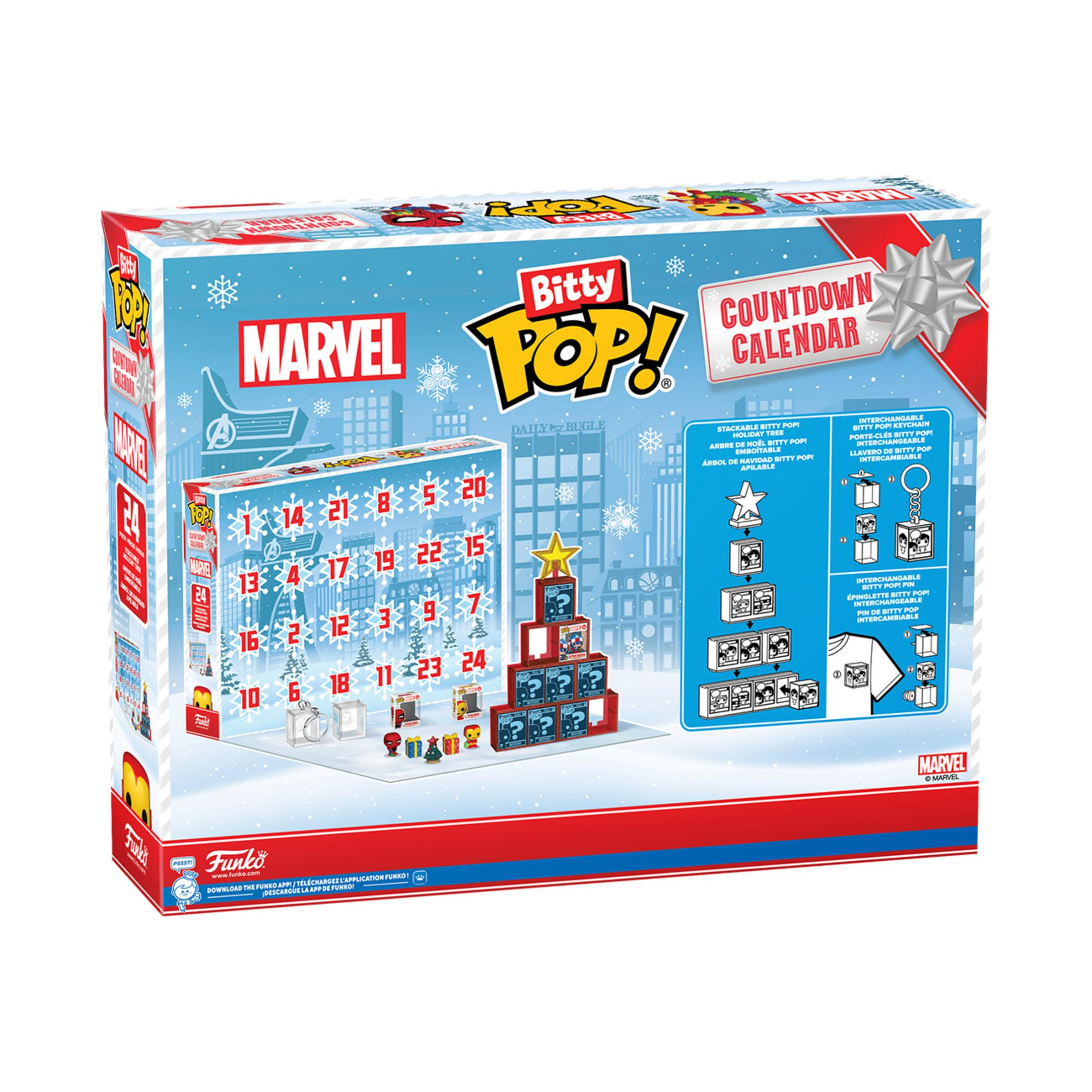 Calendario dell'Avvento Marvel Bitty Pop! con figure e accessori.