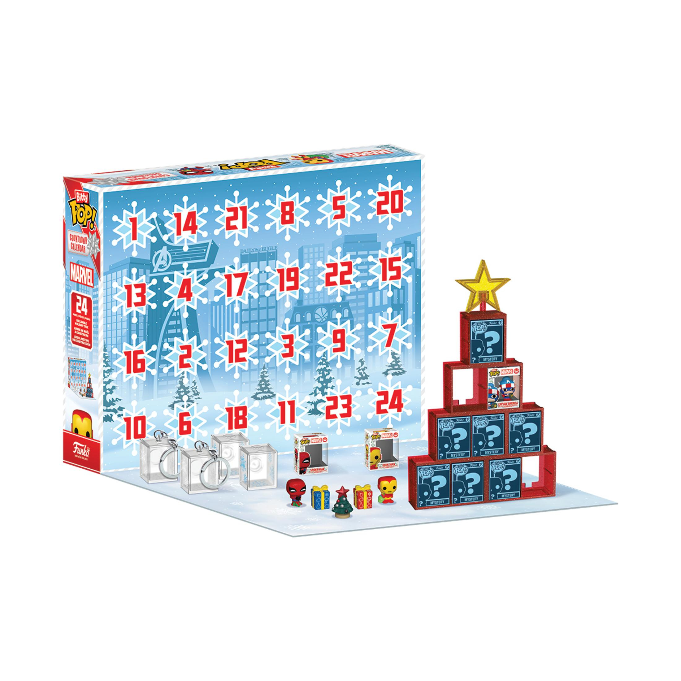 Calendario dell'Avvento Marvel con figure e regali in una scena urbana innevata.