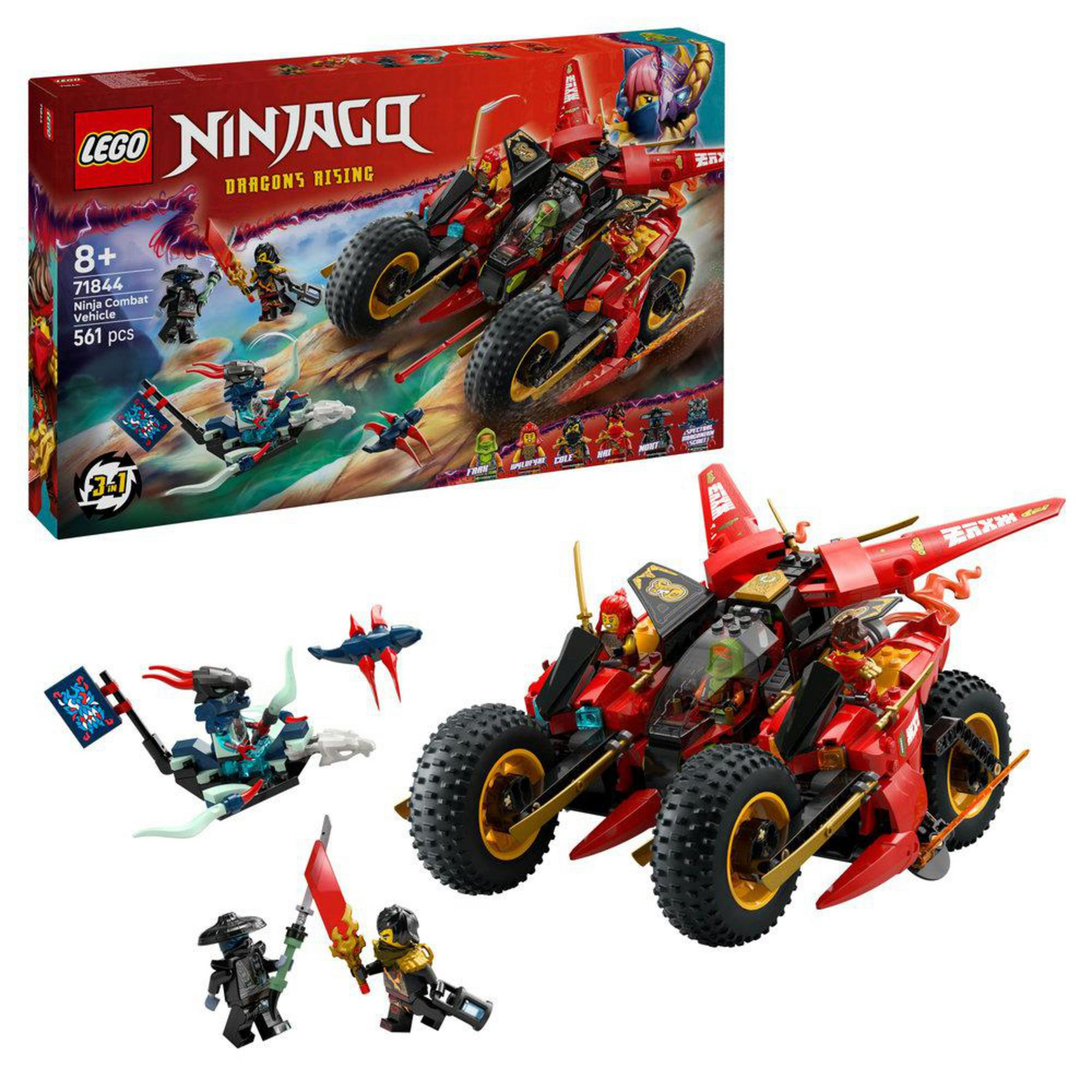 Set Lego Ninjago: veicolo da combattimento rosso, drago e figure ninja con armi.
