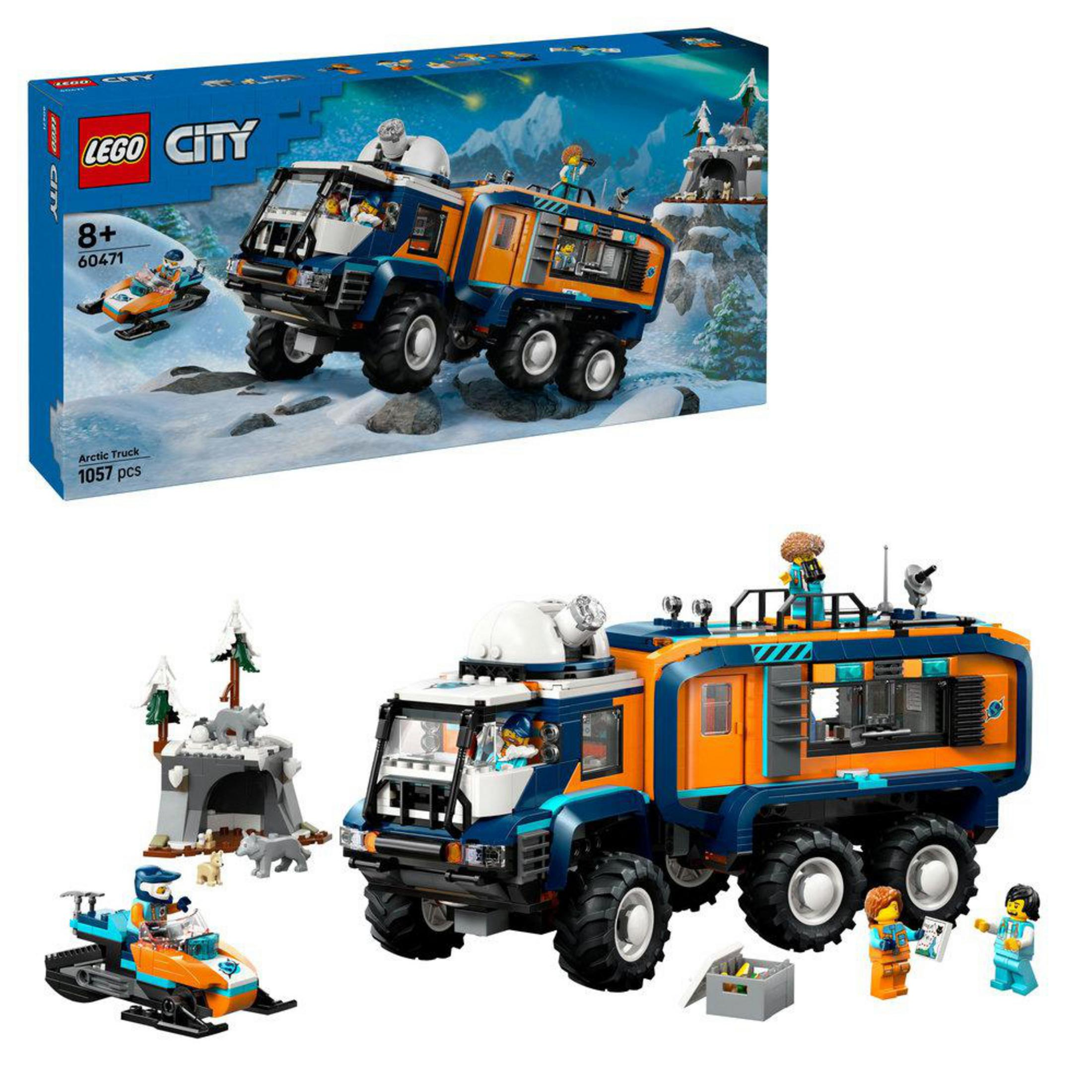LEGO City Arctische Truck met sneeuwscooter, figuren, wolven en ijzige grot.