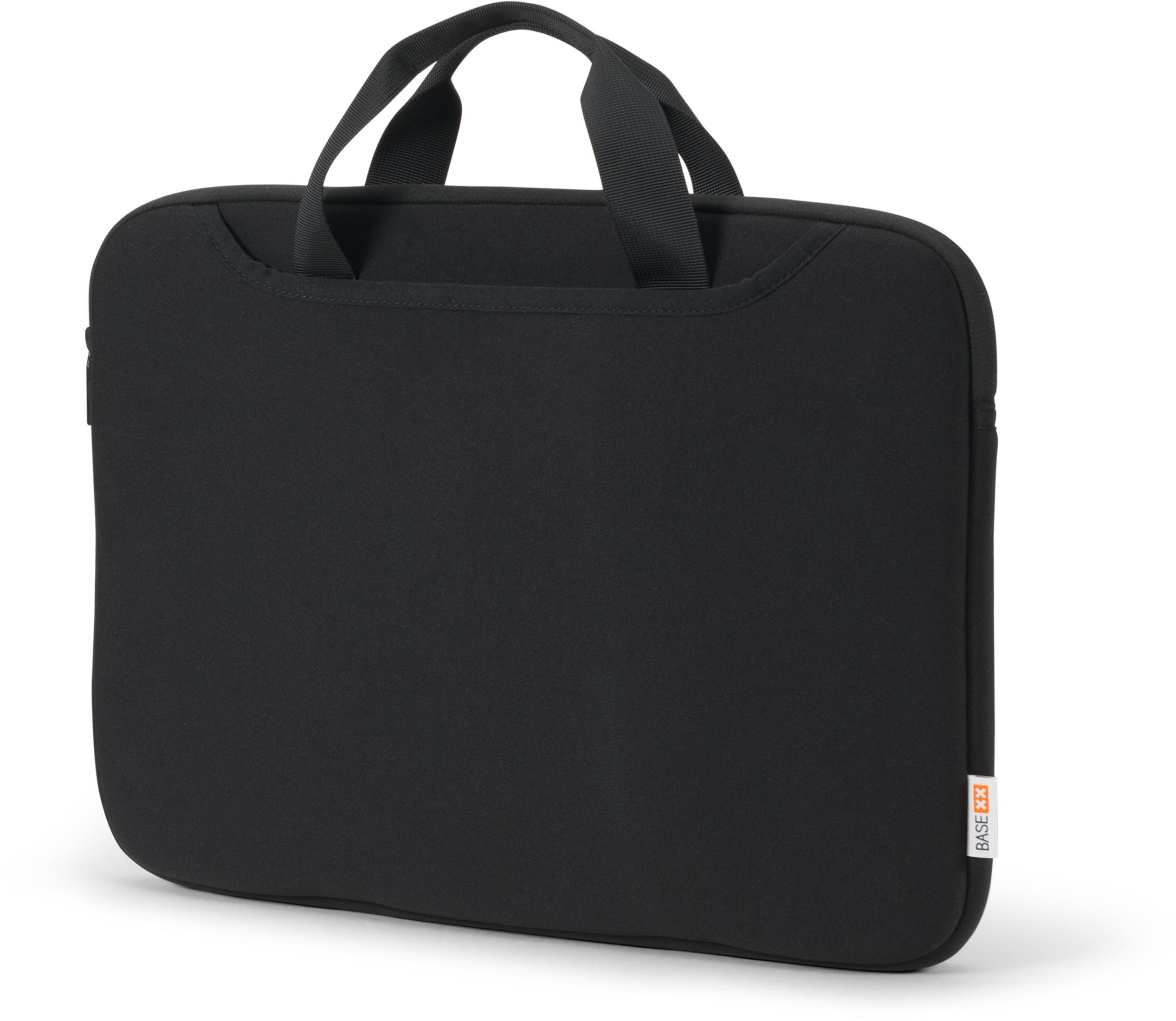 Borsa nera per laptop con manici e etichetta bianca con scritte nere.