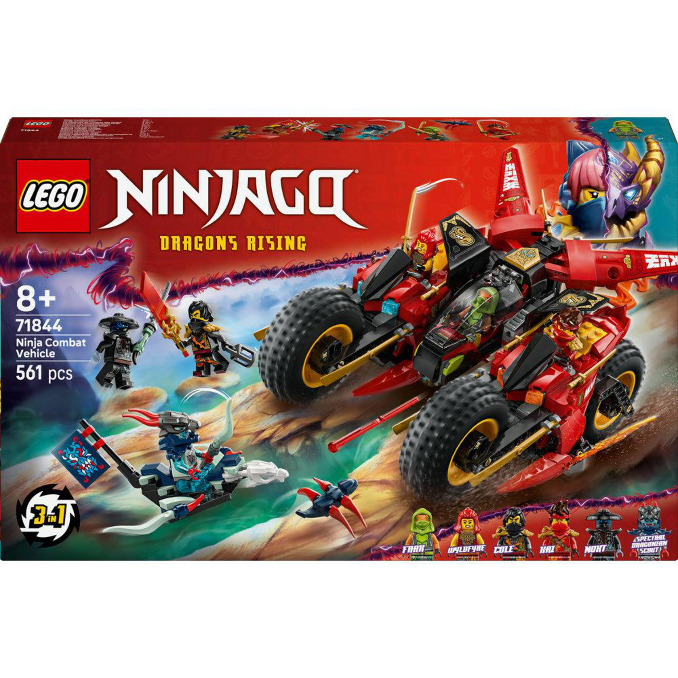 Set LEGO Ninjago: Veicolo da Combattimento Ninja con 5 minifigure e accessori.