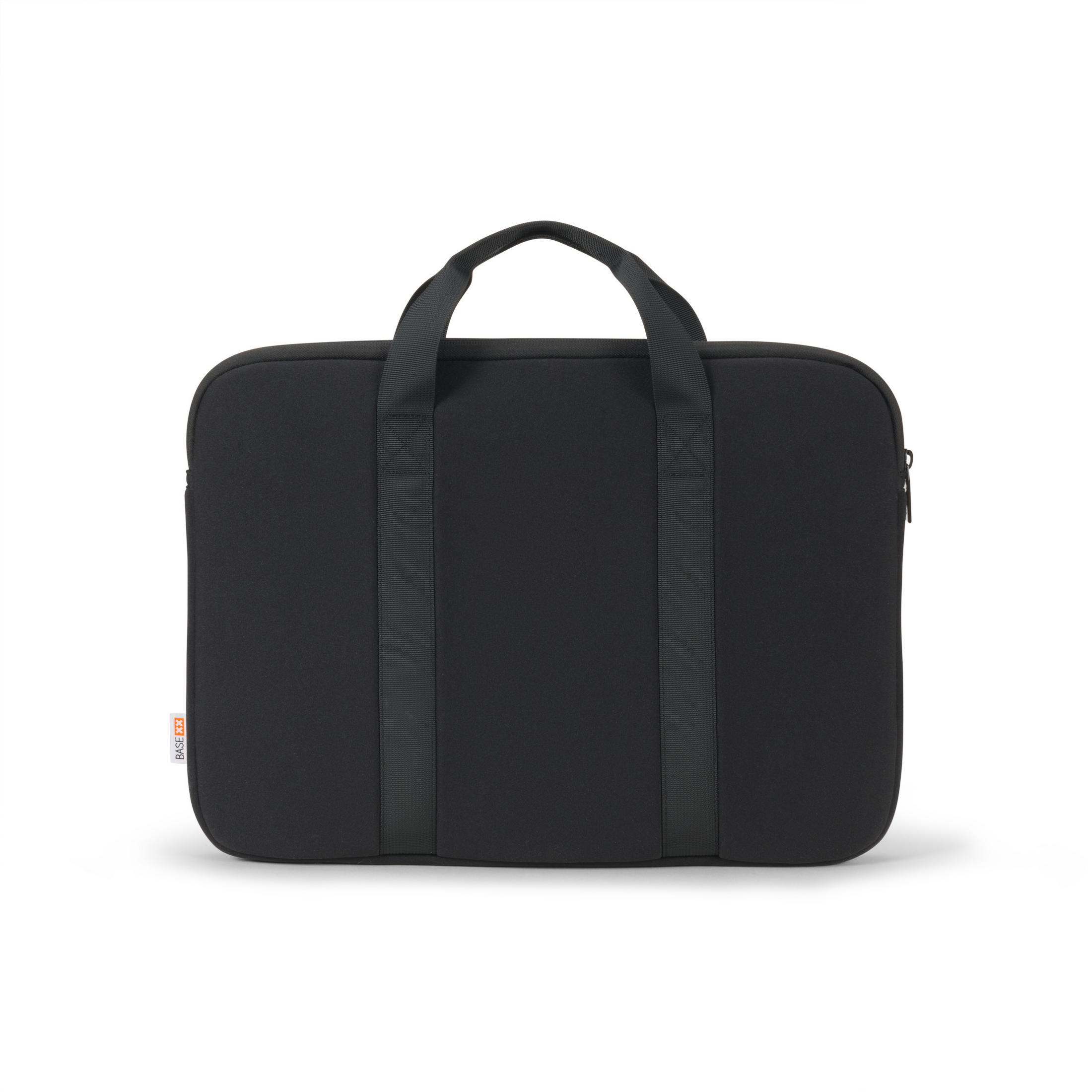 Borsa nera per laptop con due manici e cerniera.