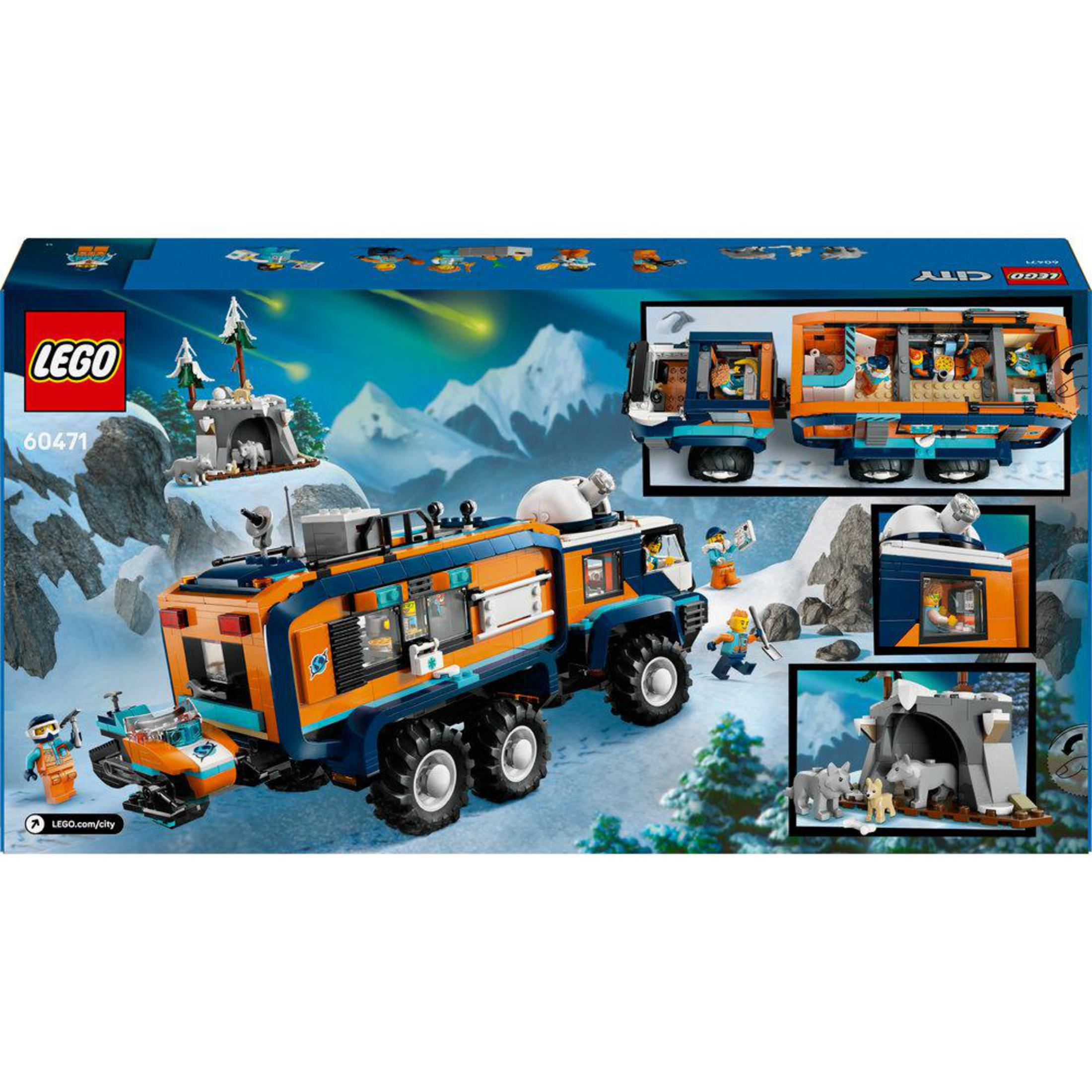Een Lego Arctic truck met aanhanger, sneeuwscooter en figuren in ijzig landschap.