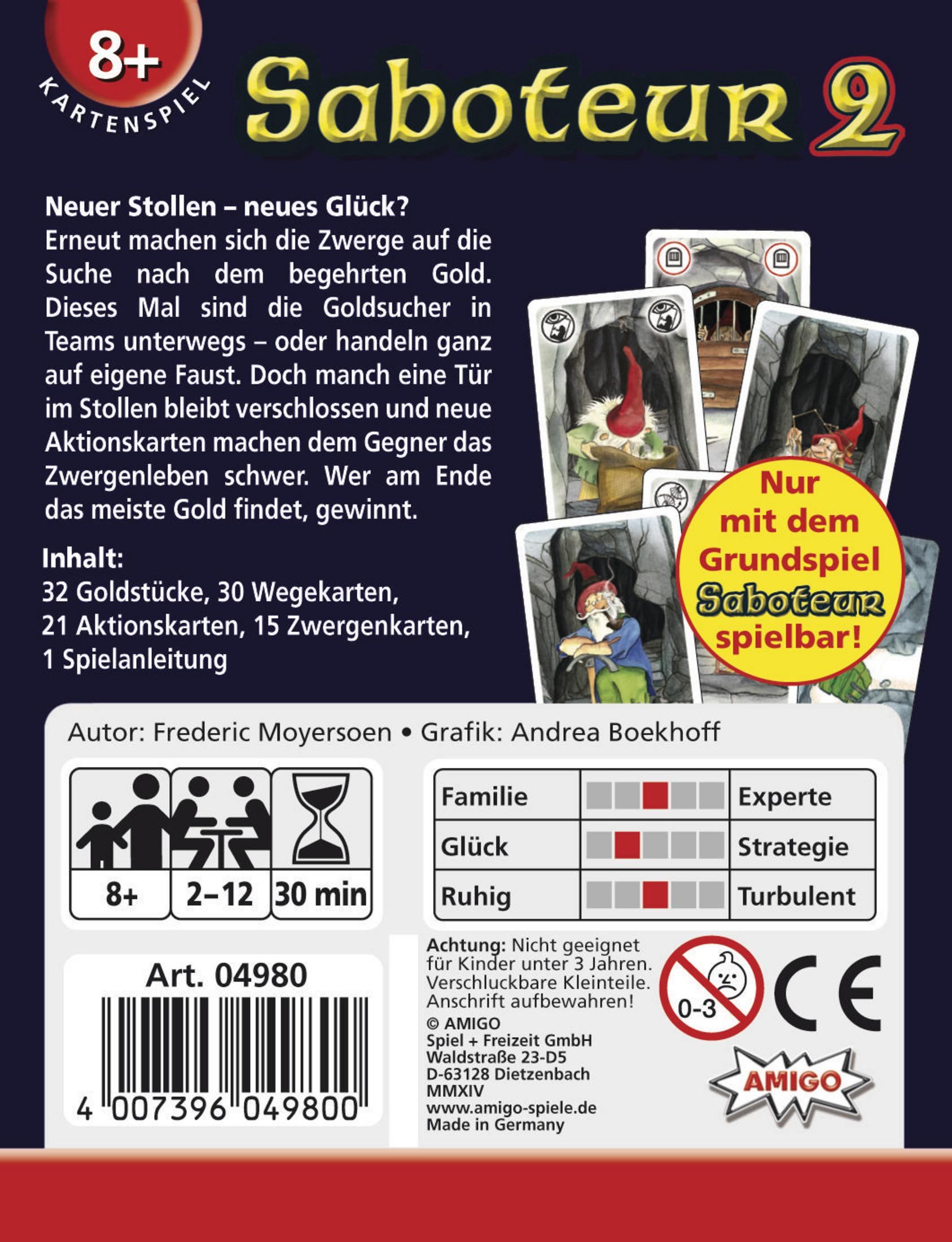 Spiel "Saboteur 2" Rückseite. Zwerge suchen Gold. Mit Spielinfos, Inhaltsangabe und Altersempfehlung.