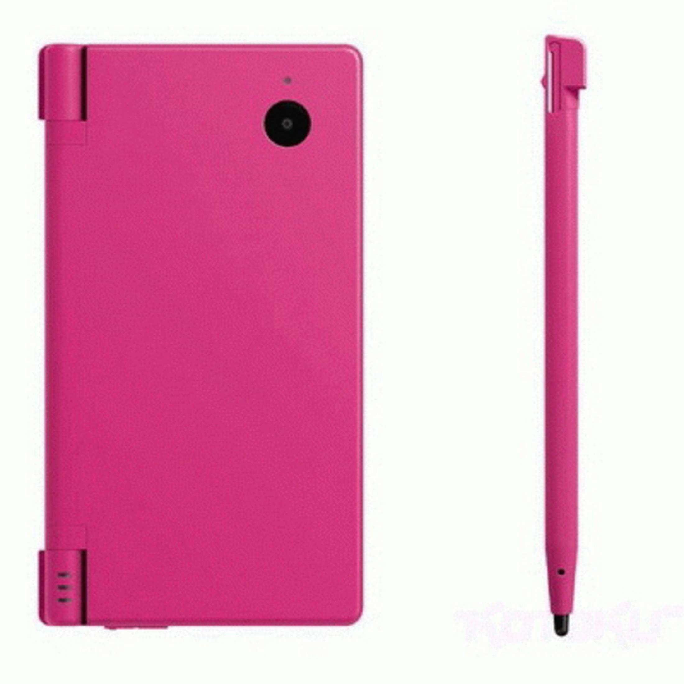 Ein hellrosa Nintendo DS mit einem Stift daneben.