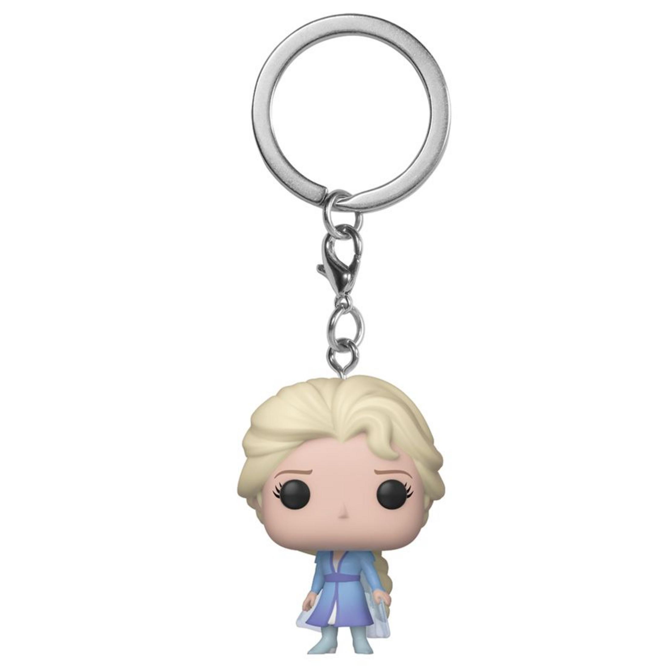 Ein Elsa-Schlüsselanhänger mit blondem Haar und blauem Kleid auf weißem Hintergrund.