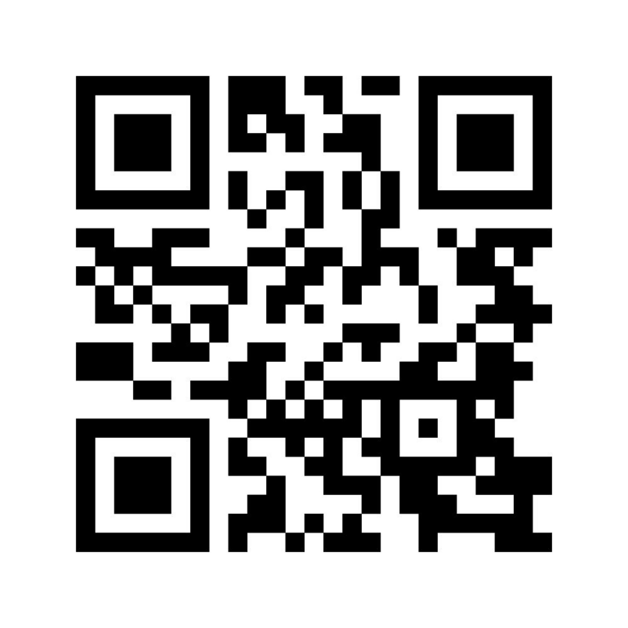 Un codice QR bianco e nero con tre pattern di ricerca in una griglia quadrata.