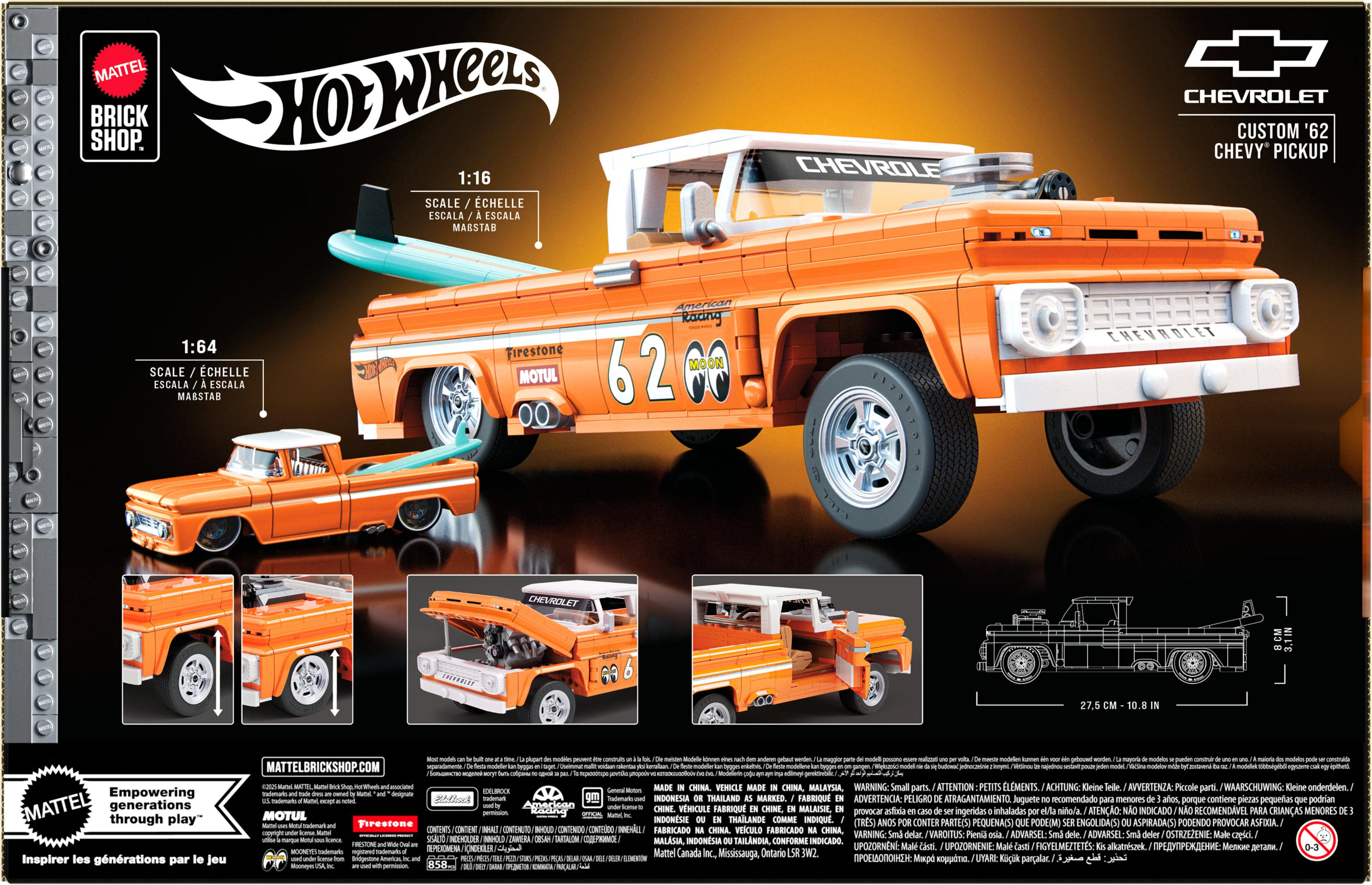Modellino arancione Hot Wheels '62 Chevy Pickup con tavola da surf sul tetto. Scala 1:16 e 1:64.