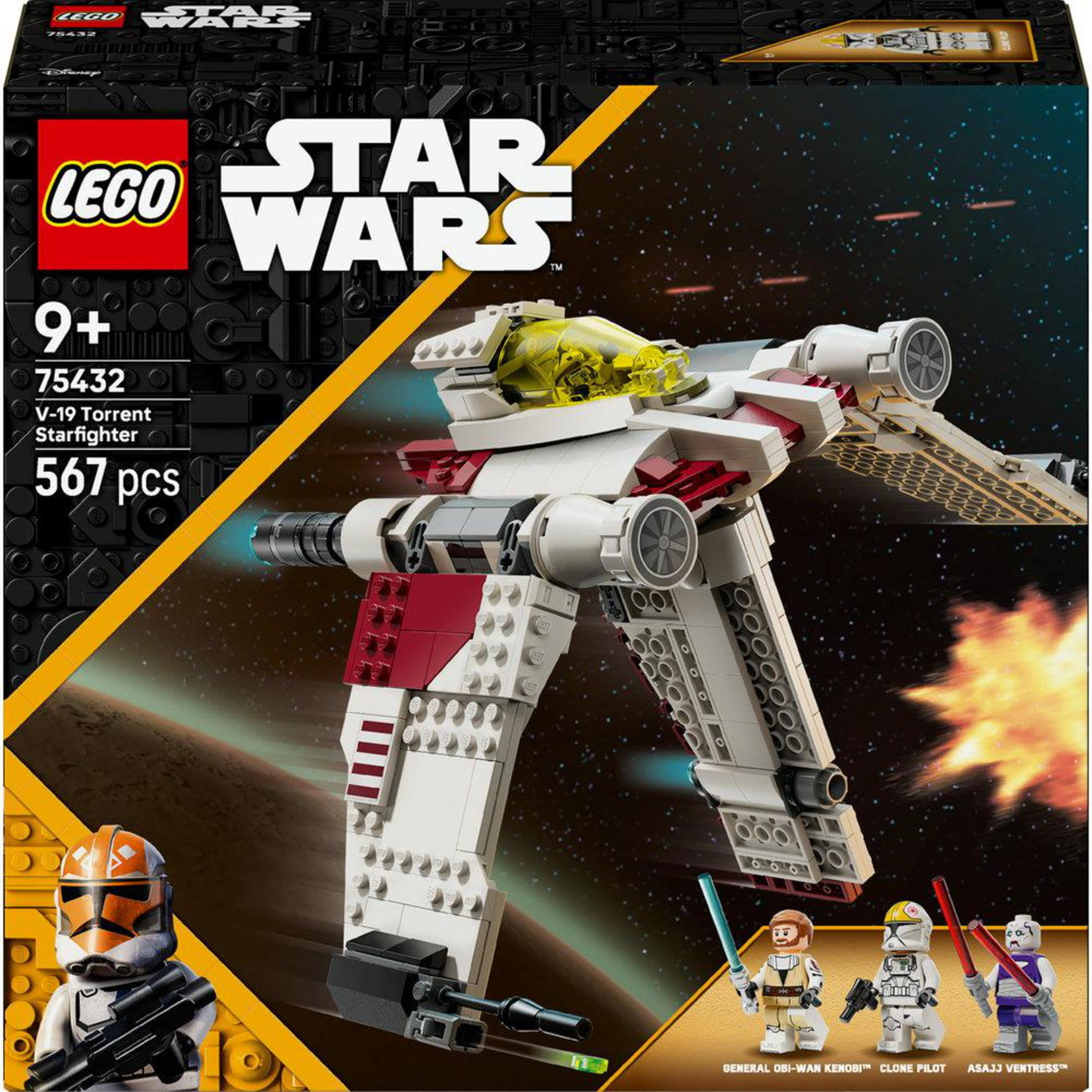 LEGO Star Wars V-19 Torrent Starfighter seti, uzayda minfigürlerle.