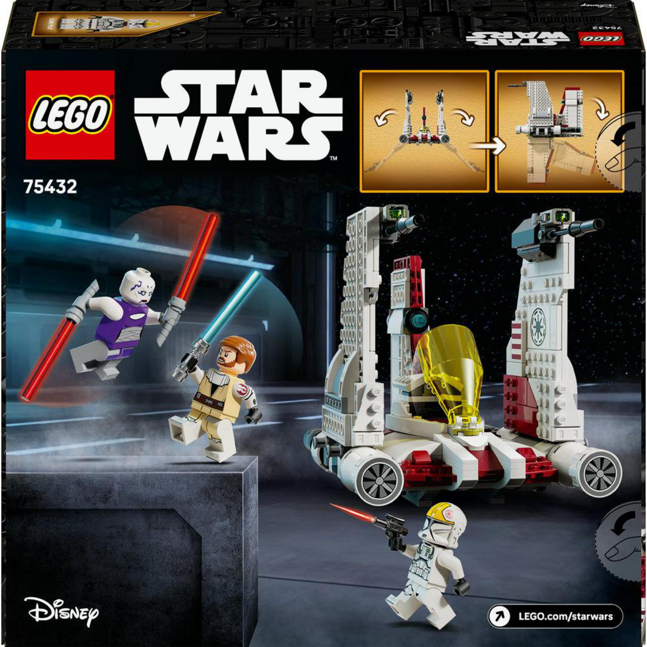 Figürler ve uzay gemisi içeren LEGO Star Wars seti. Bir savaş sahnesi canlandırılıyor.