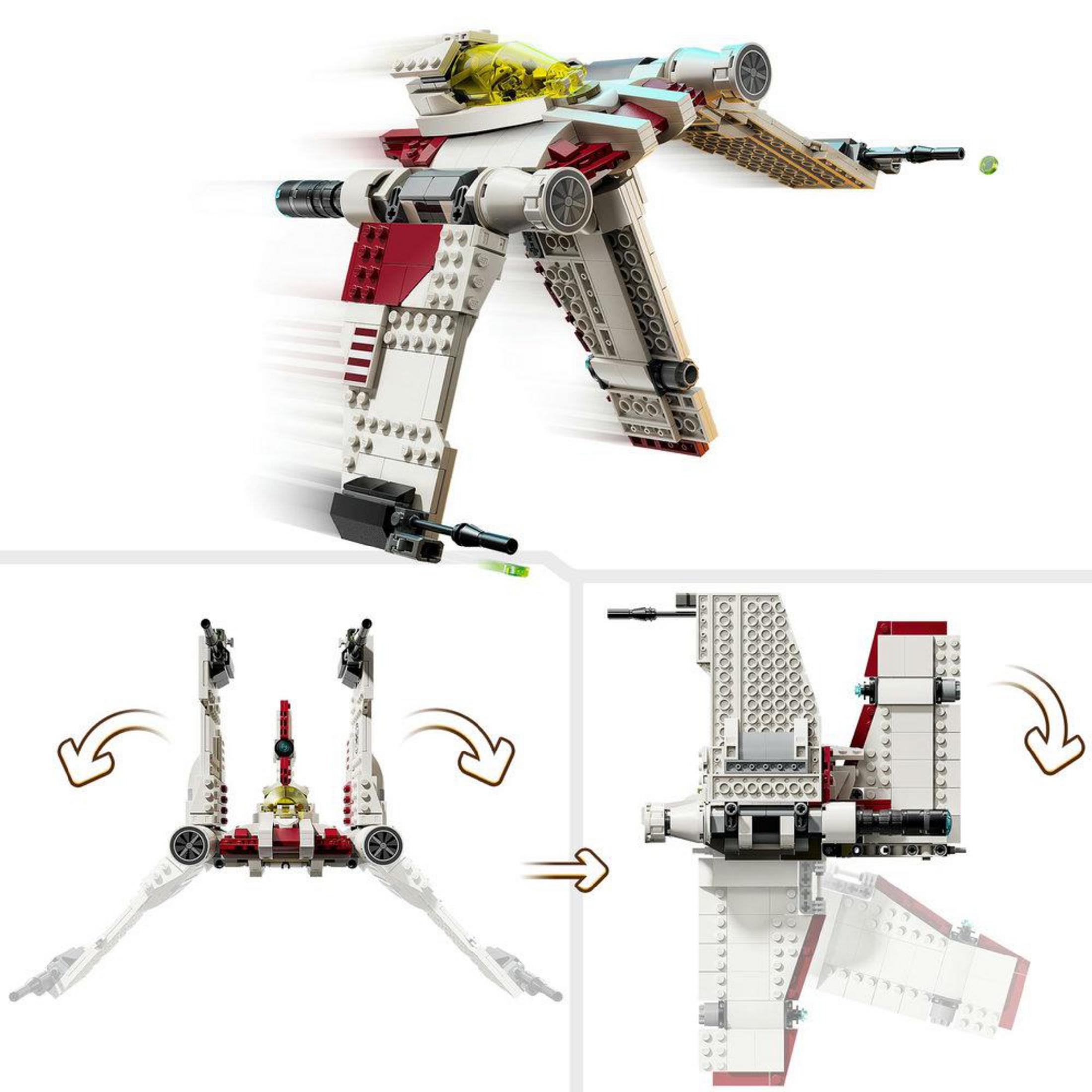 Sarı kokpit tavanlı, hareketli kanatlı beyaz ve kırmızı Lego uzay gemisi.