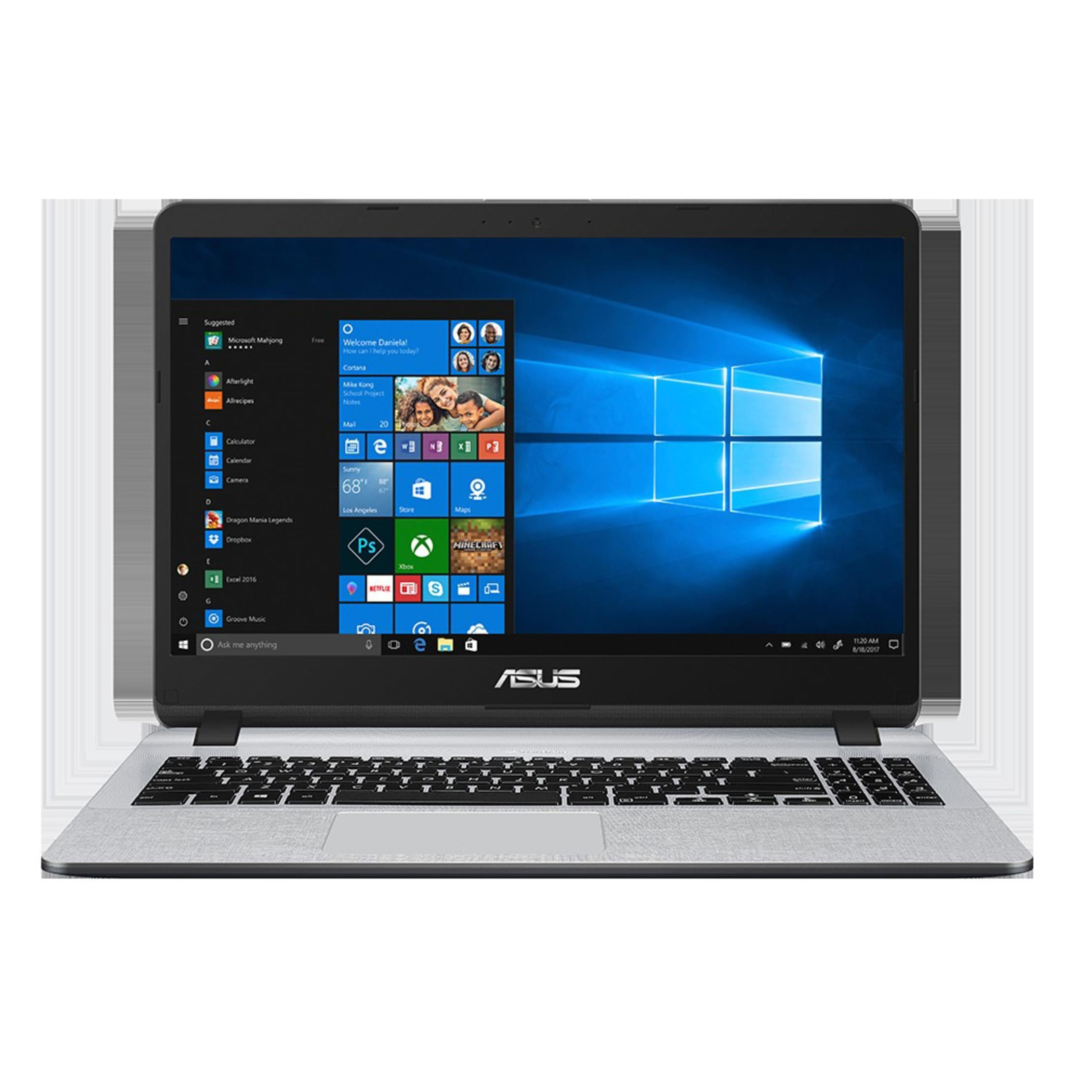 Ein silberner Asus-Laptop mit Windows 10 und aufklappbarem Bildschirm.