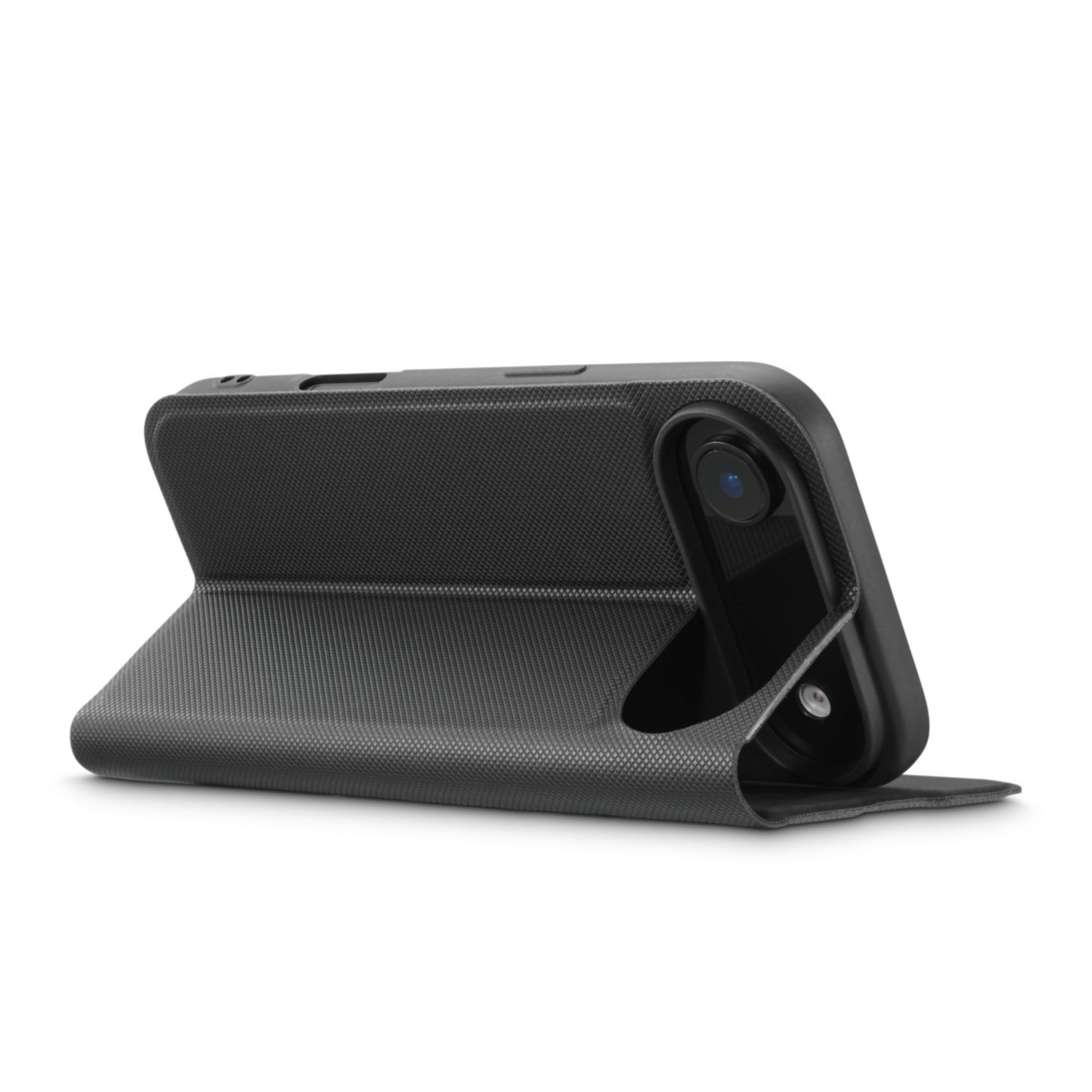 Schwarzes Handy-Flip-Case mit strukturierter Oberfläche, auf weißem Hintergrund.
