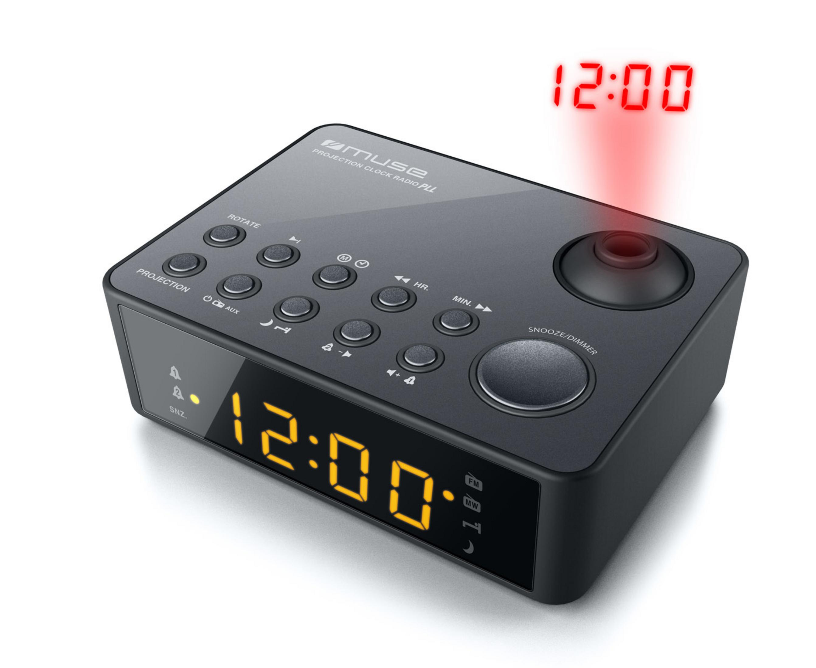 Radio sveglia nera a proiezione che mostra 12:00 sullo schermo e come proiezione di luce rossa.