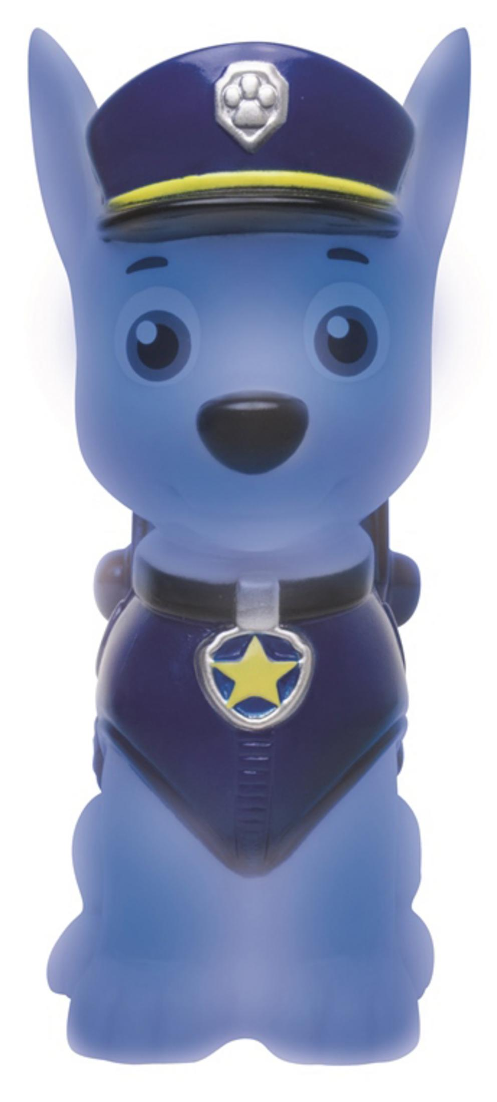 Un perro de dibujos animados azul y brillante con gorra de policía y insignia.