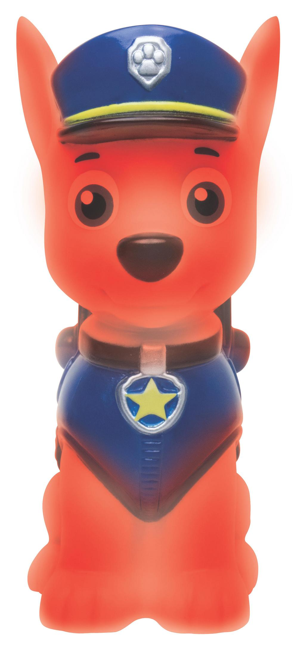 Un juguete de perro rojo con gorra y chaleco de policía azul con estrella