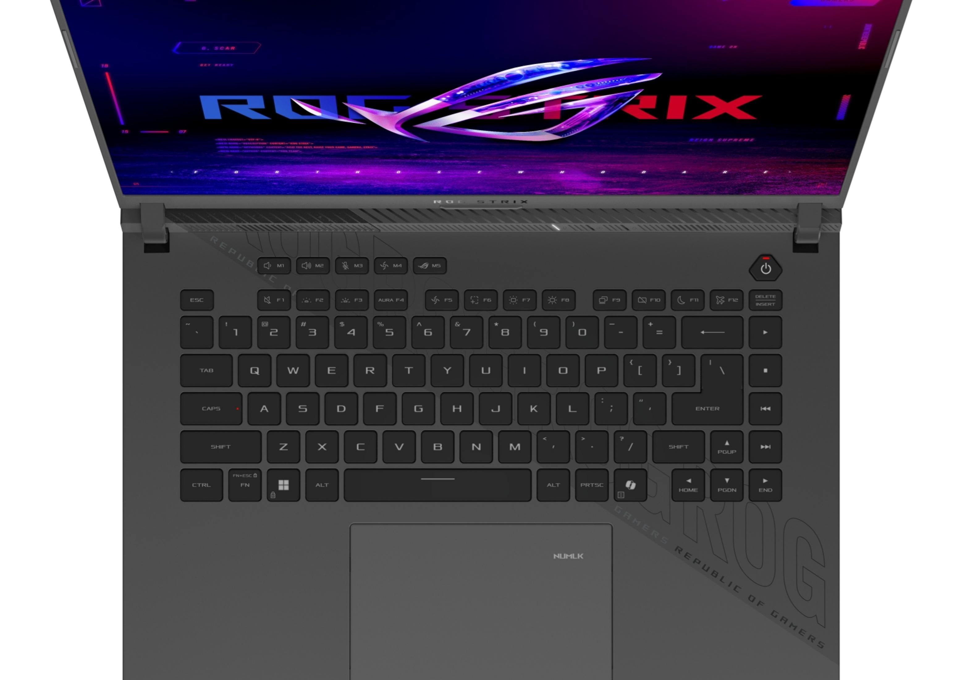 Otwarty laptop z klawiaturą i ekranem z logo ROG.