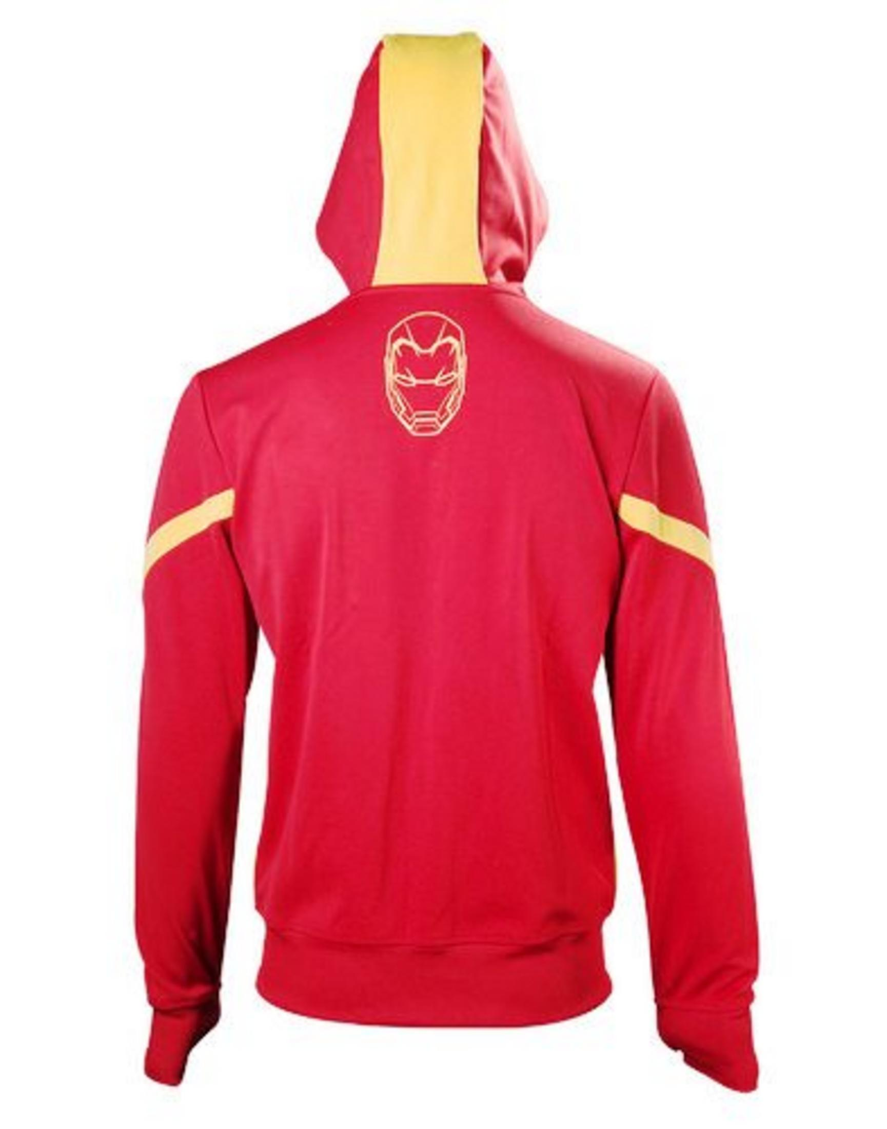 Rückseite eines roten Hoodies mit gelber Kapuze und Iron Man-Logo.