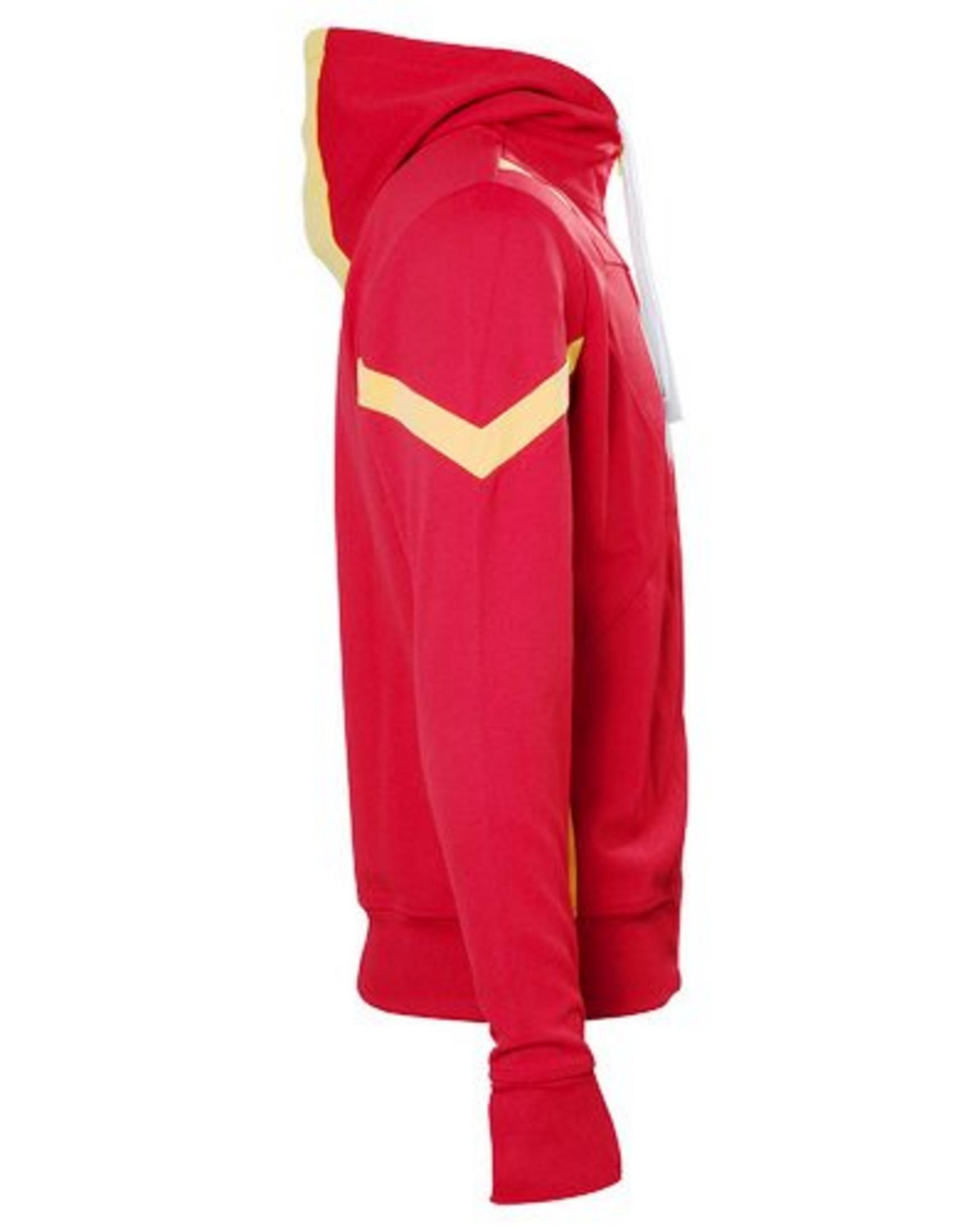 Rotes Kapuzensweatshirt mit gelben Akzenten auf der Brust und Ärmeln.