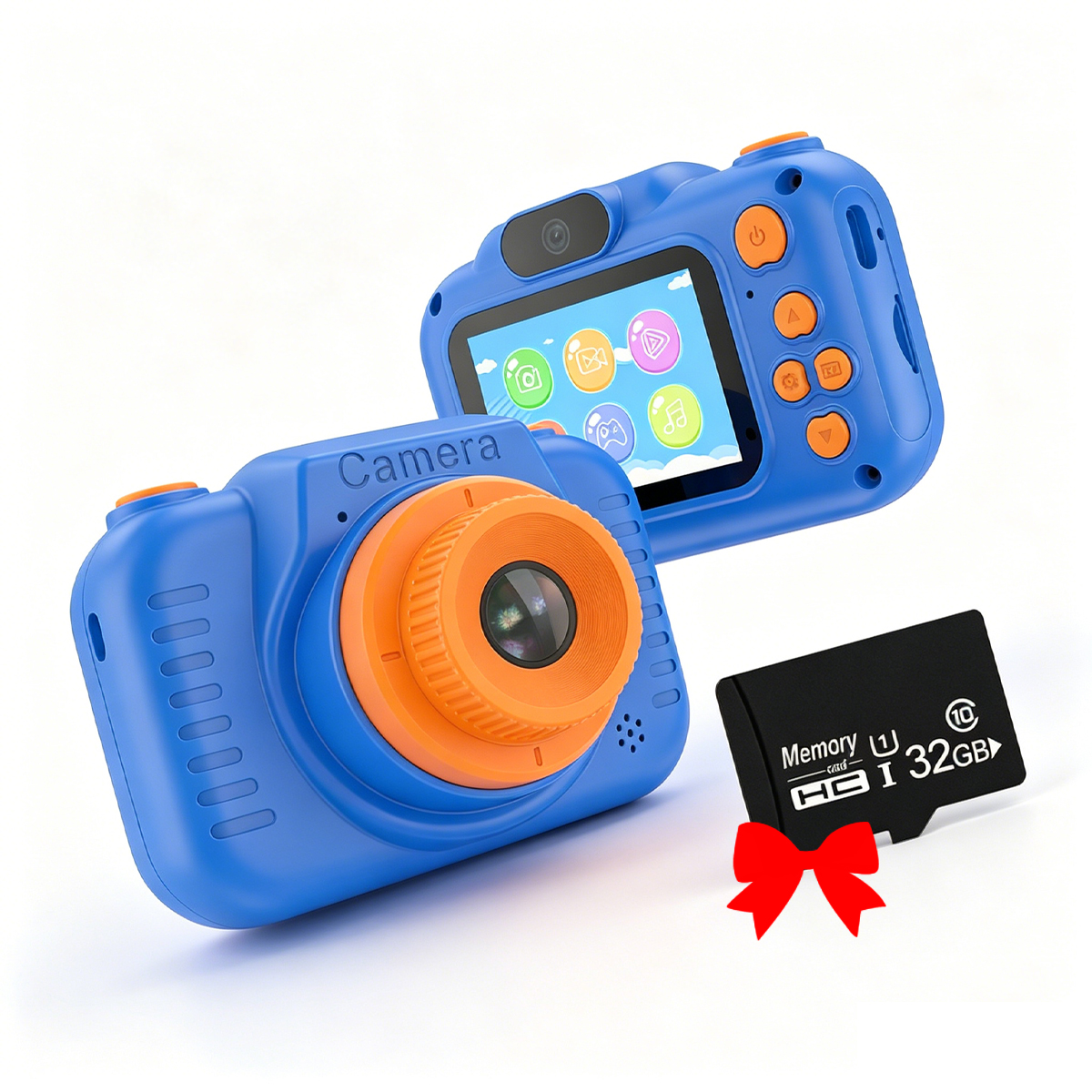 Zwei blaue Digitalkameras mit orangefarbenen Akzenten, eine Speicherkarte und ein roter Bogen.
