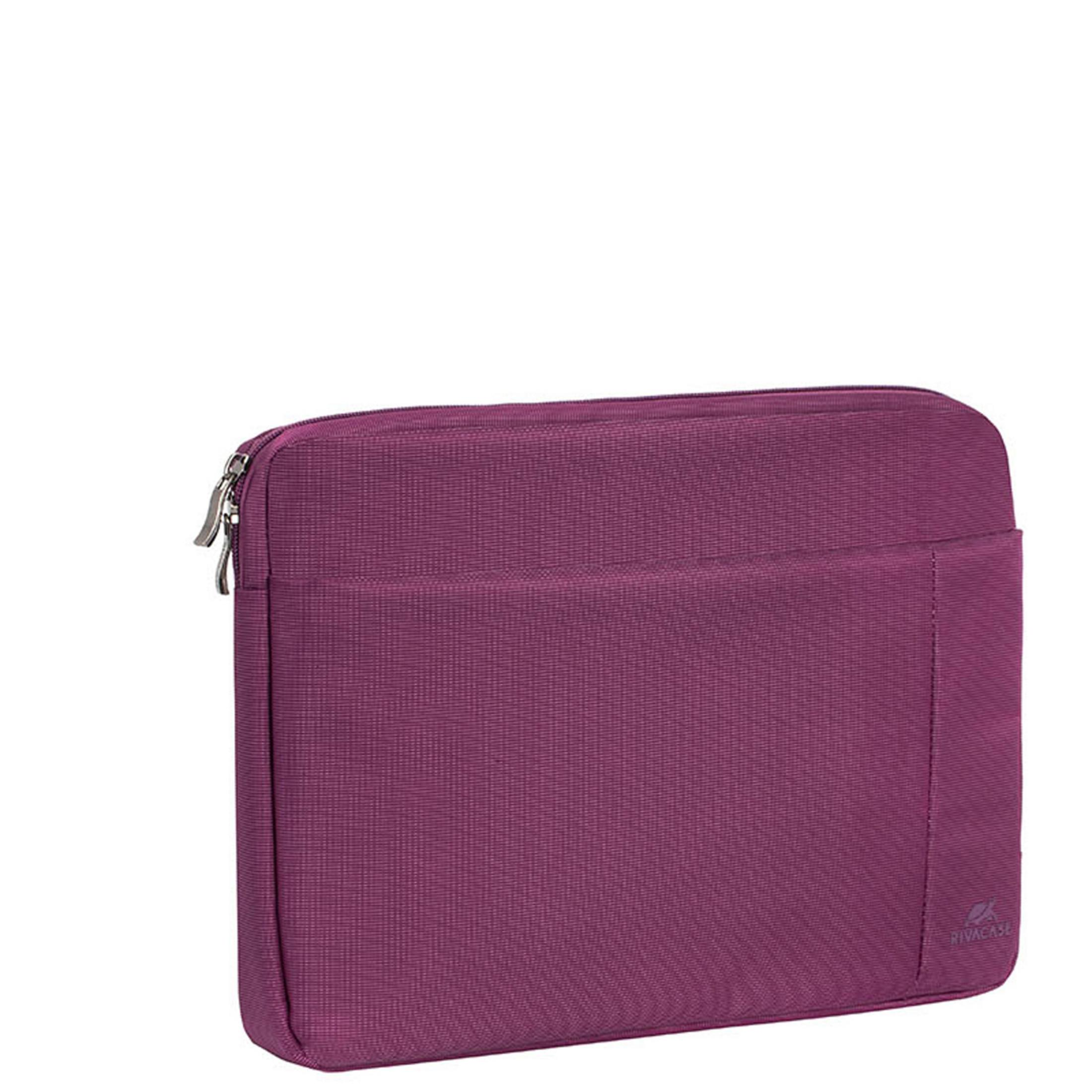 Una custodia piatta per laptop viola con cerniera e piccolo logo in basso a destra.