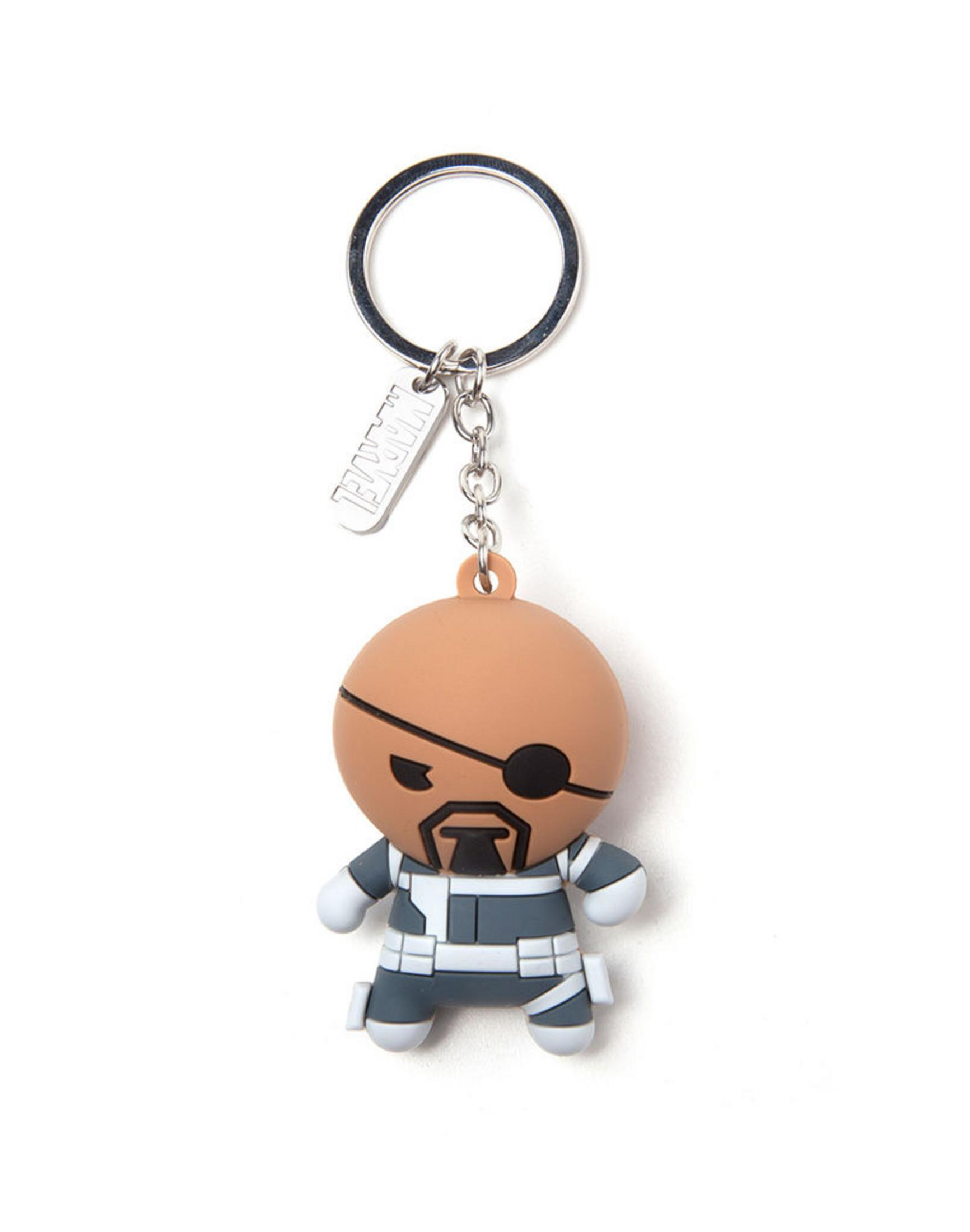 Ein Nick Fury Schlüsselanhänger mitöffnendem Auge und grauem Anzug.