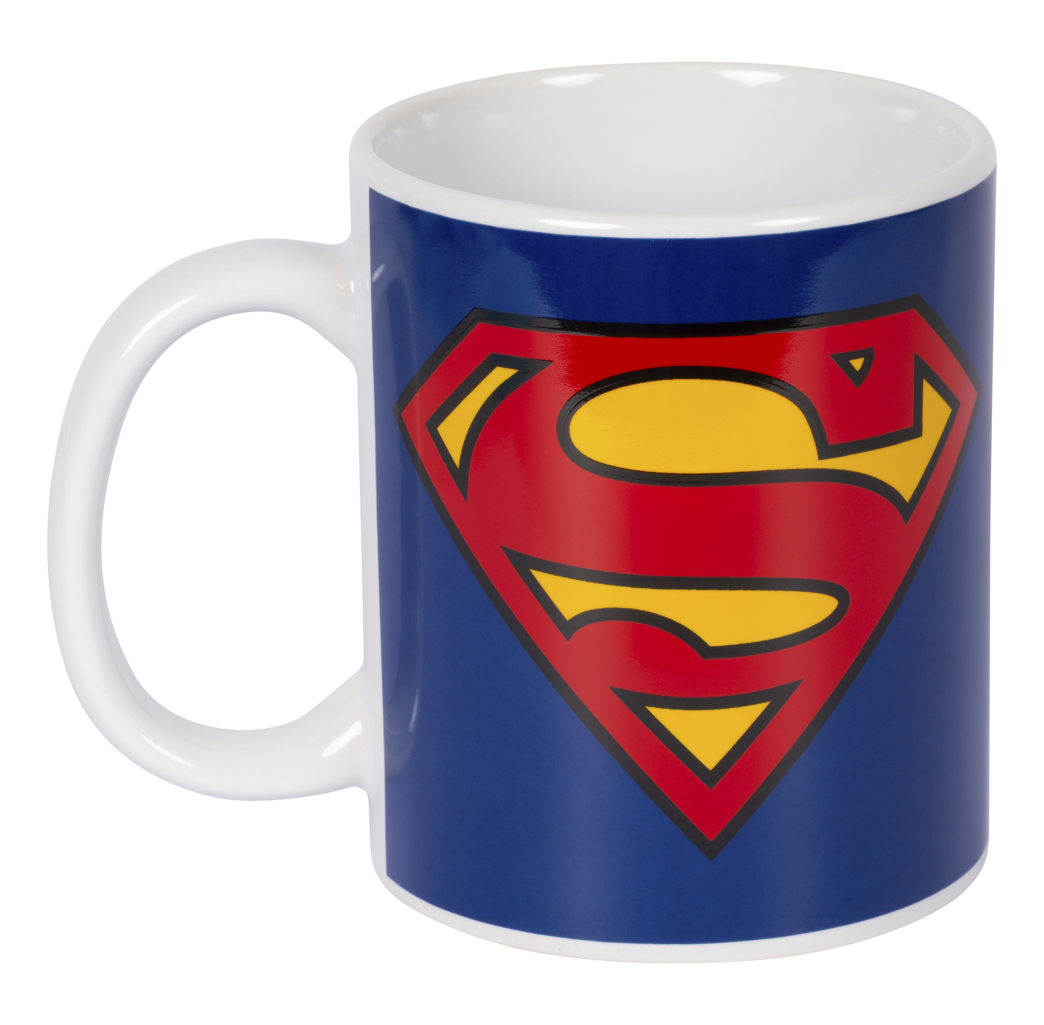 Eine blaue Tasse mit dem Superman-Logo in Rot, Gelb und Schwarz.