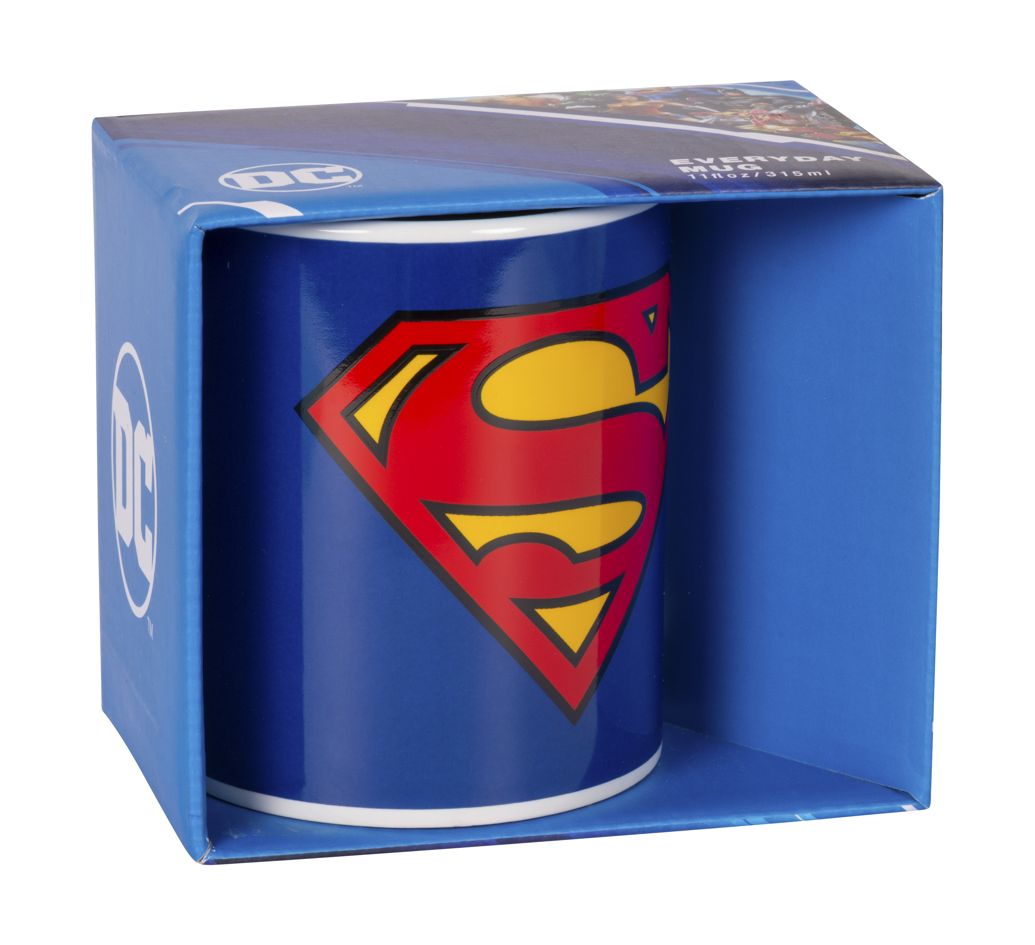 Ein blauer Becher mit dem Superman-Logo in Rot und Gelb, in einer blauen Geschenkbox.