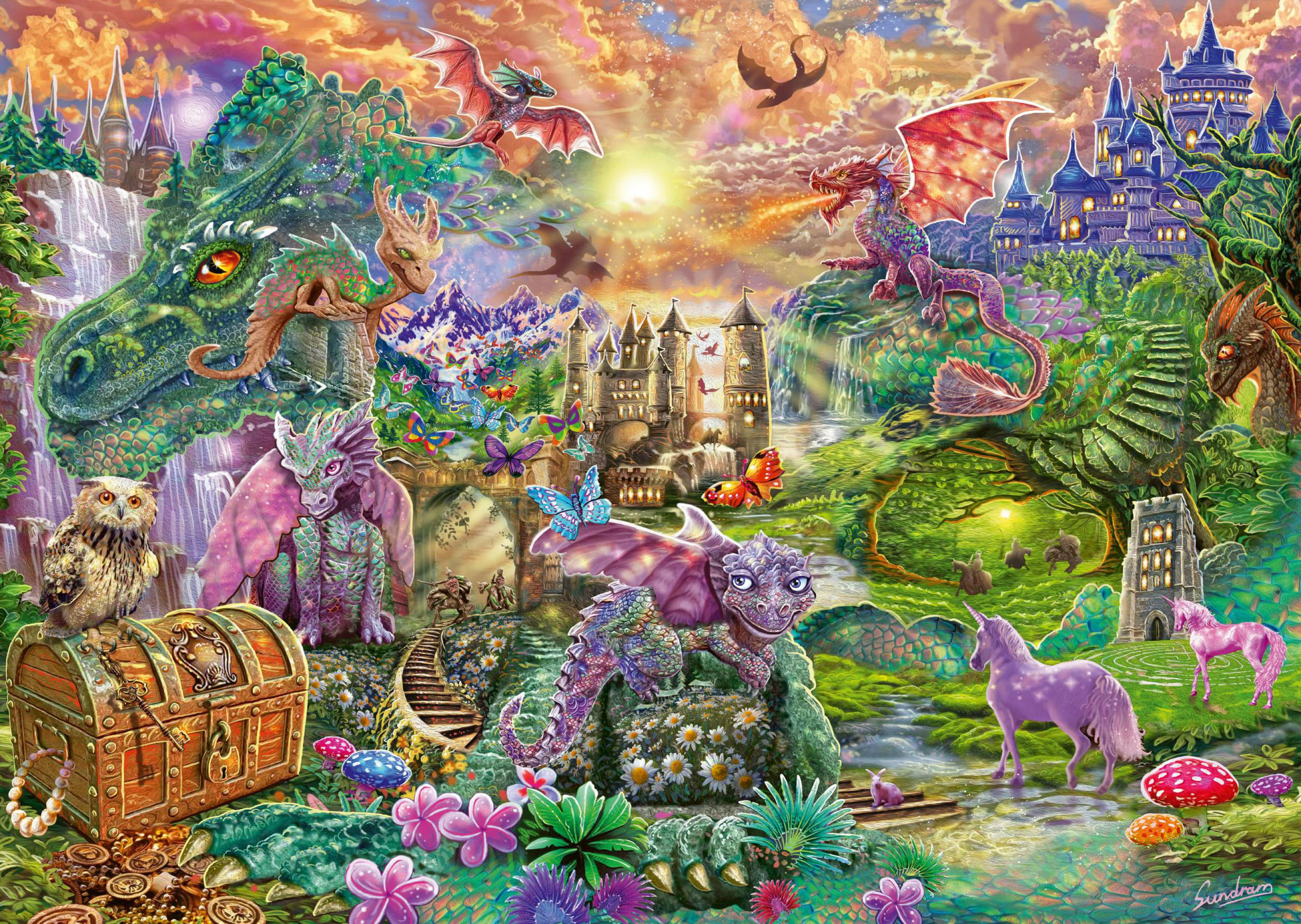 Fantasy-Landschaft mit Drachen, Schlössern, Eulen, Truhe und Einhörnern.