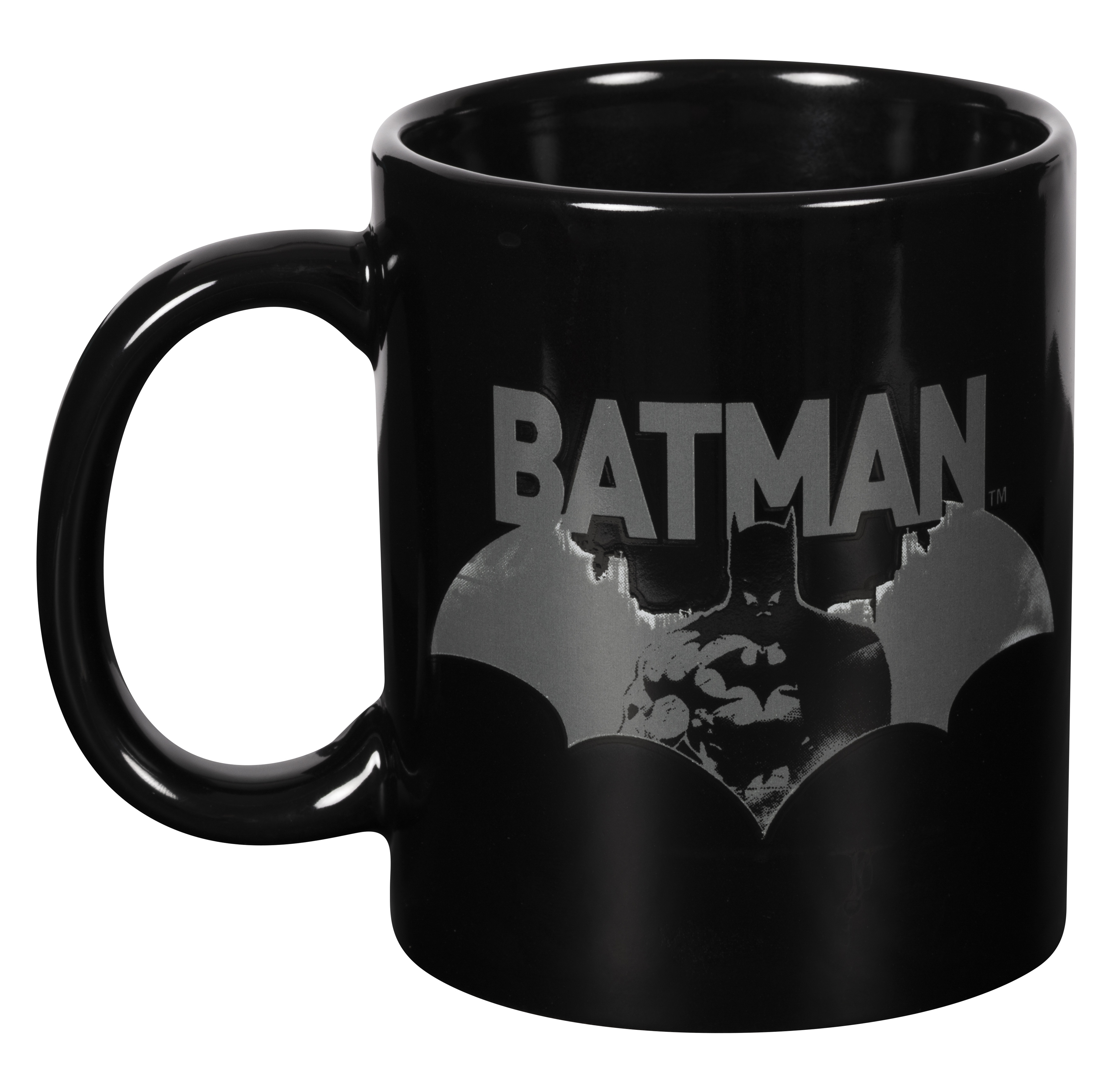 Schwarze Tasse mit Batman-Logo und Figur.