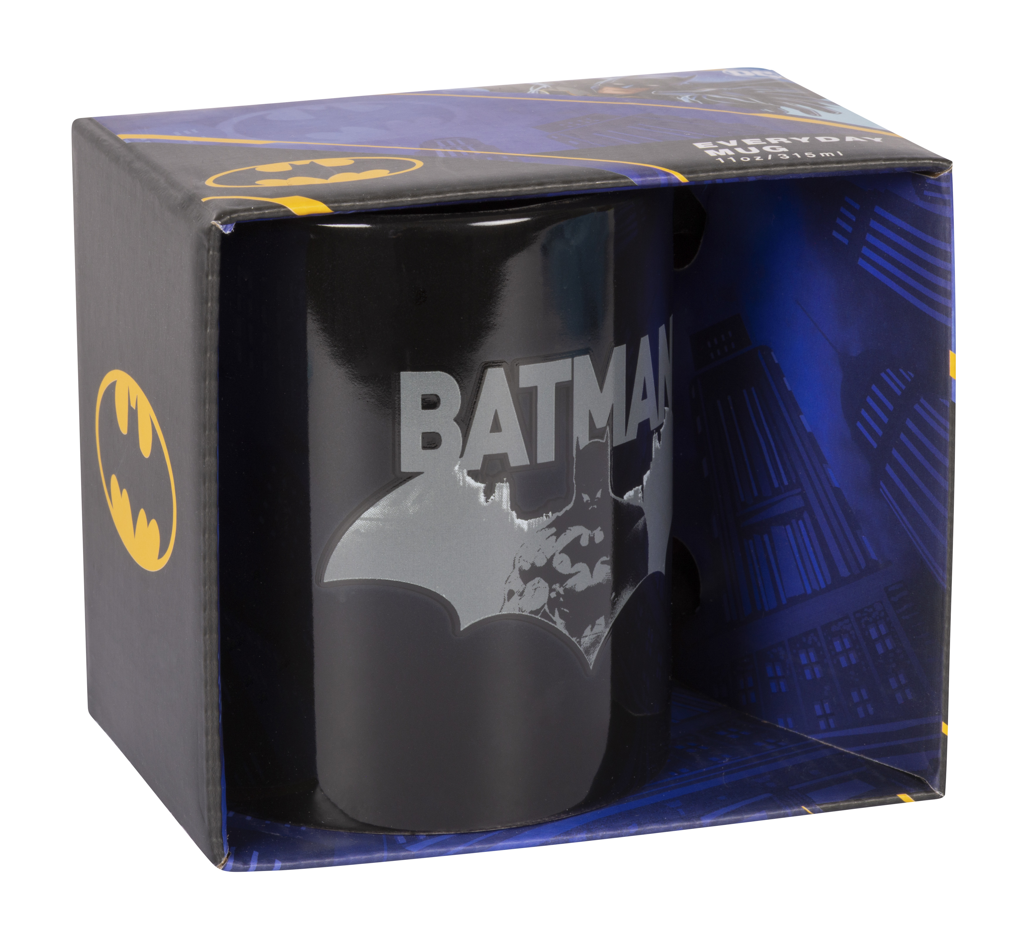 Schwarze Batman-Tasse in einer dunkelblauen Box mit gelbem Batman-Logo.