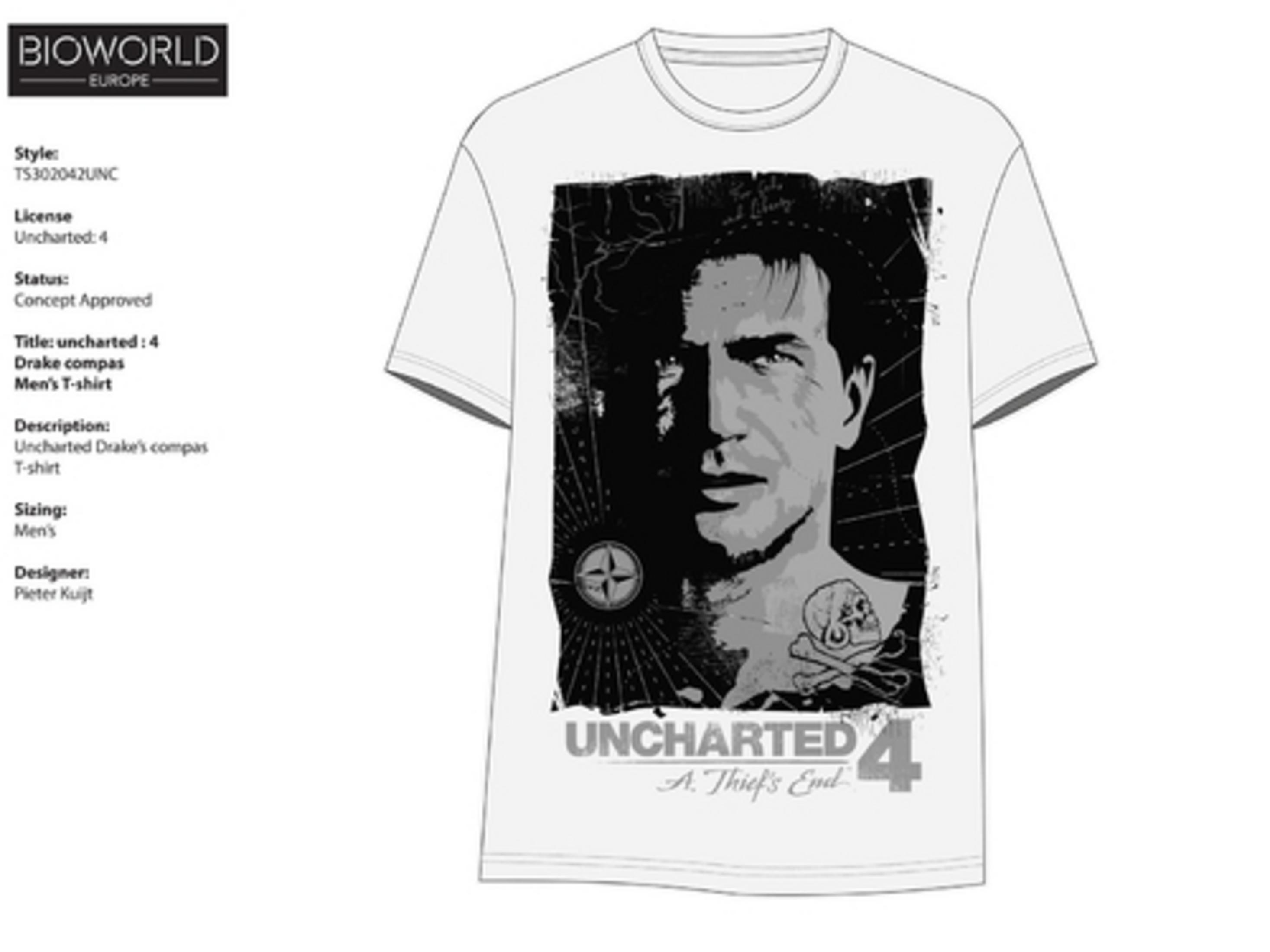 Weißes T-Shirt mit Drake-Porträt, Kompass und Totenkopf-Grafik.
