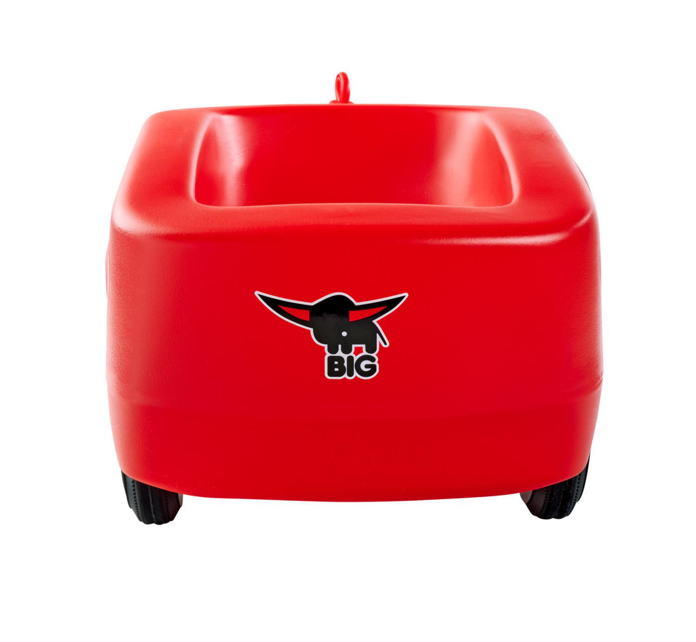 Ein roter BIG-Wagen mit schwarzen Rädern und einem Elefantenlogo.