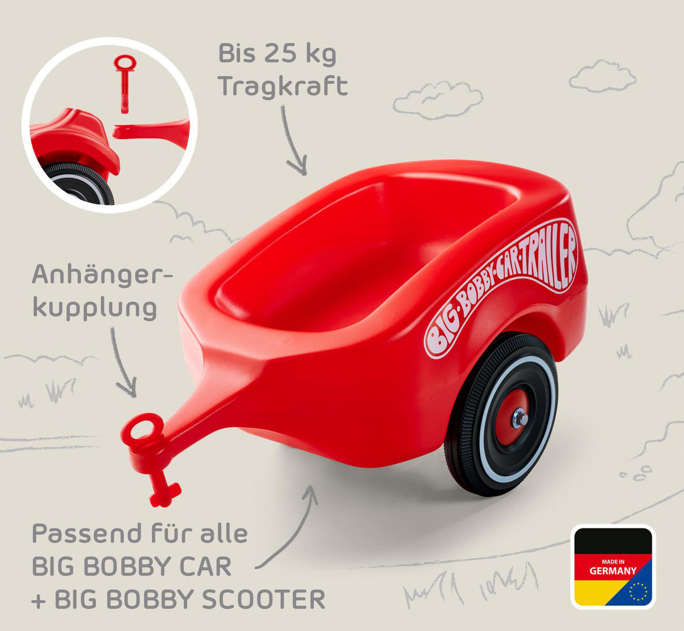 Roter Anhänger für BIG Bobby Car mit Kupplung und einem Rad. Belastbar bis 25kg.