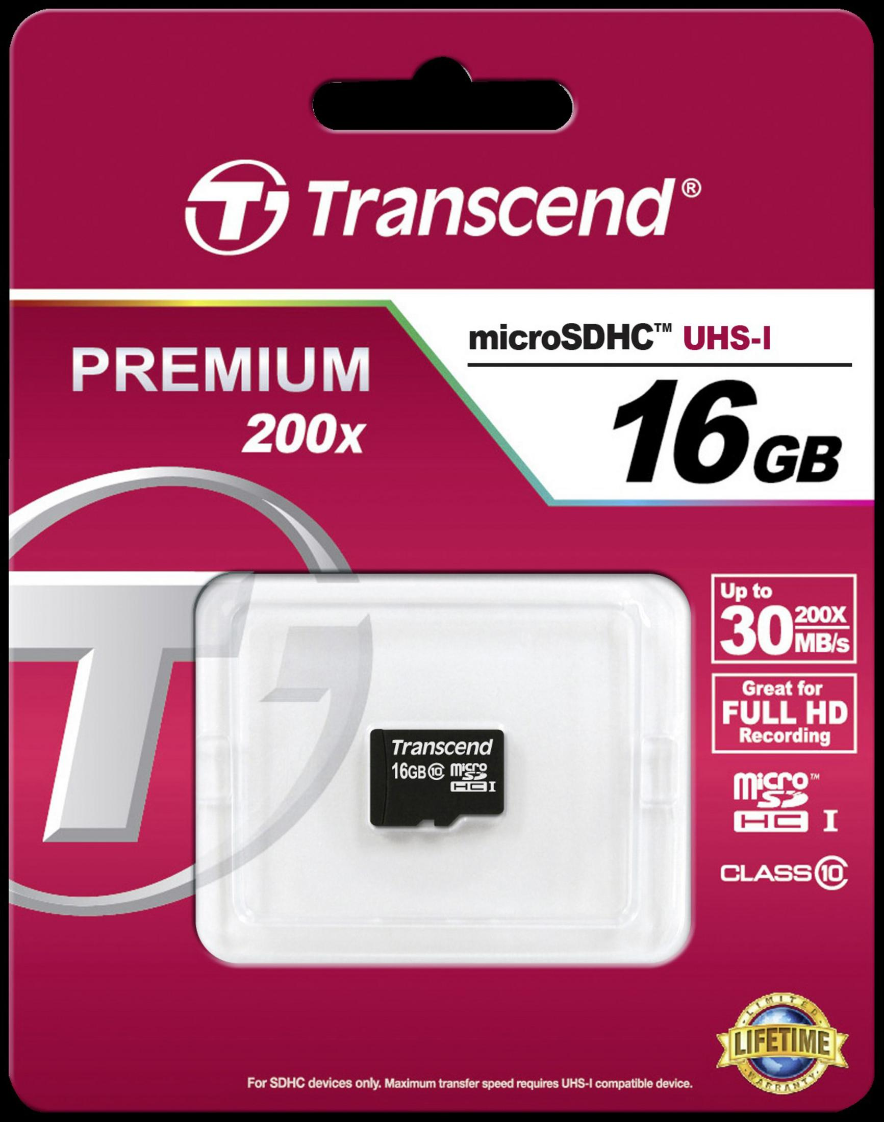 Transcend 16GB microSDHC UHS-I Karte, Premium 200x, Class 10.